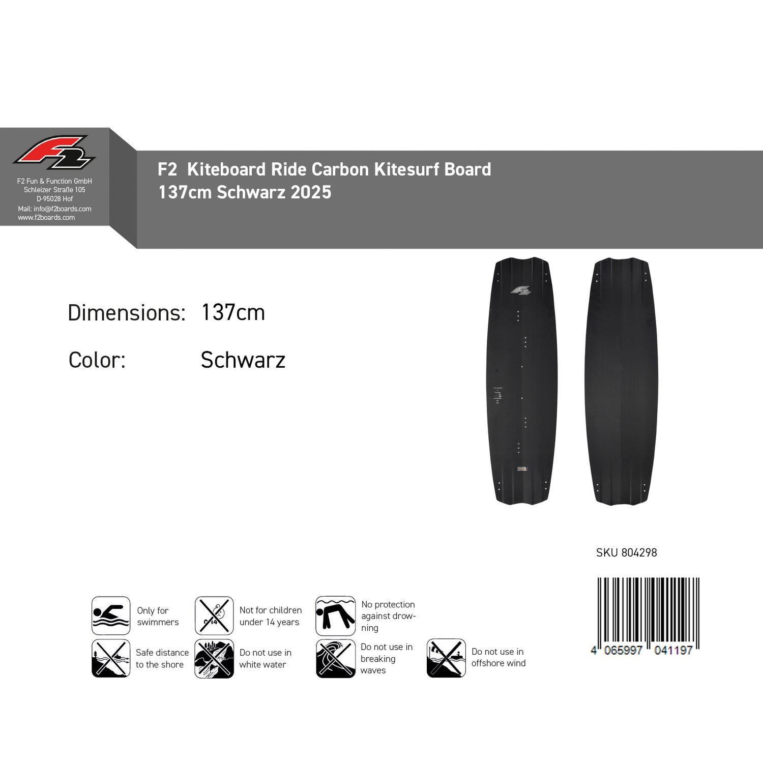 F2 Kiteboard Ride Carbon 133-141cm Größe wählbar Schwarz 2024/25