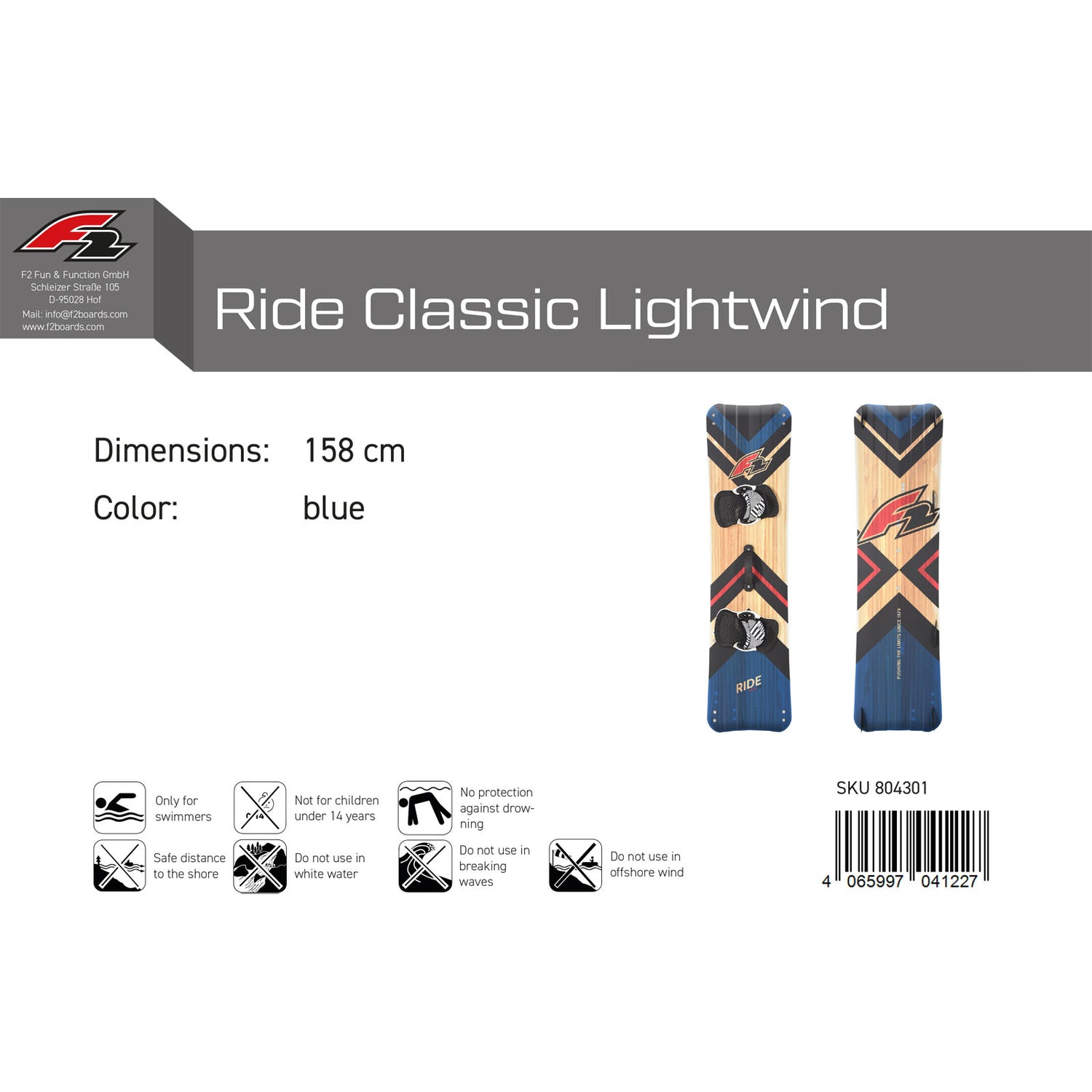 F2 Kiteboard Ride Classic Lightwind Wood Größe/Farbe wählbar 2024/25