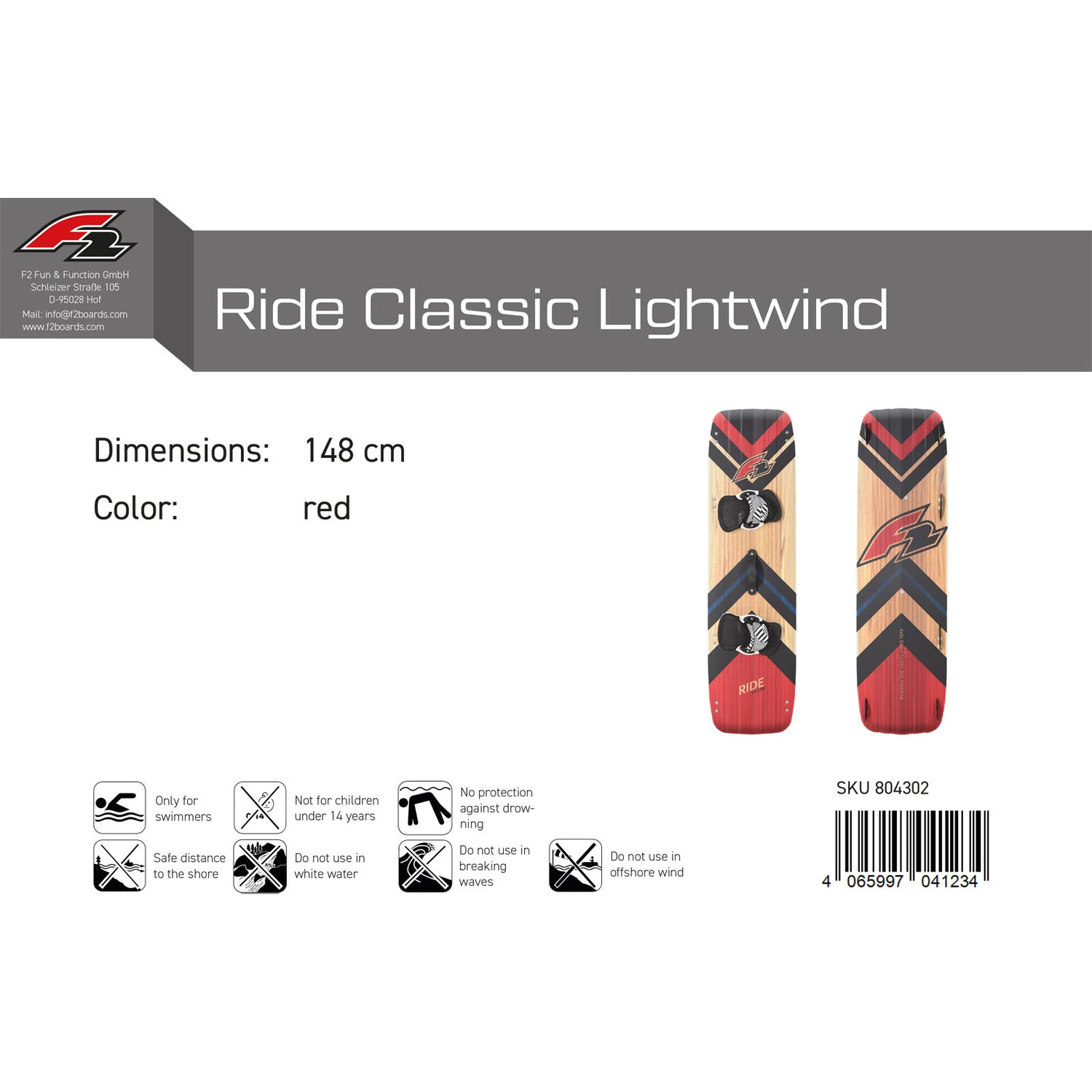 F2 Kiteboard Ride Classic Lightwind Wood Größe/Farbe wählbar 2024/25