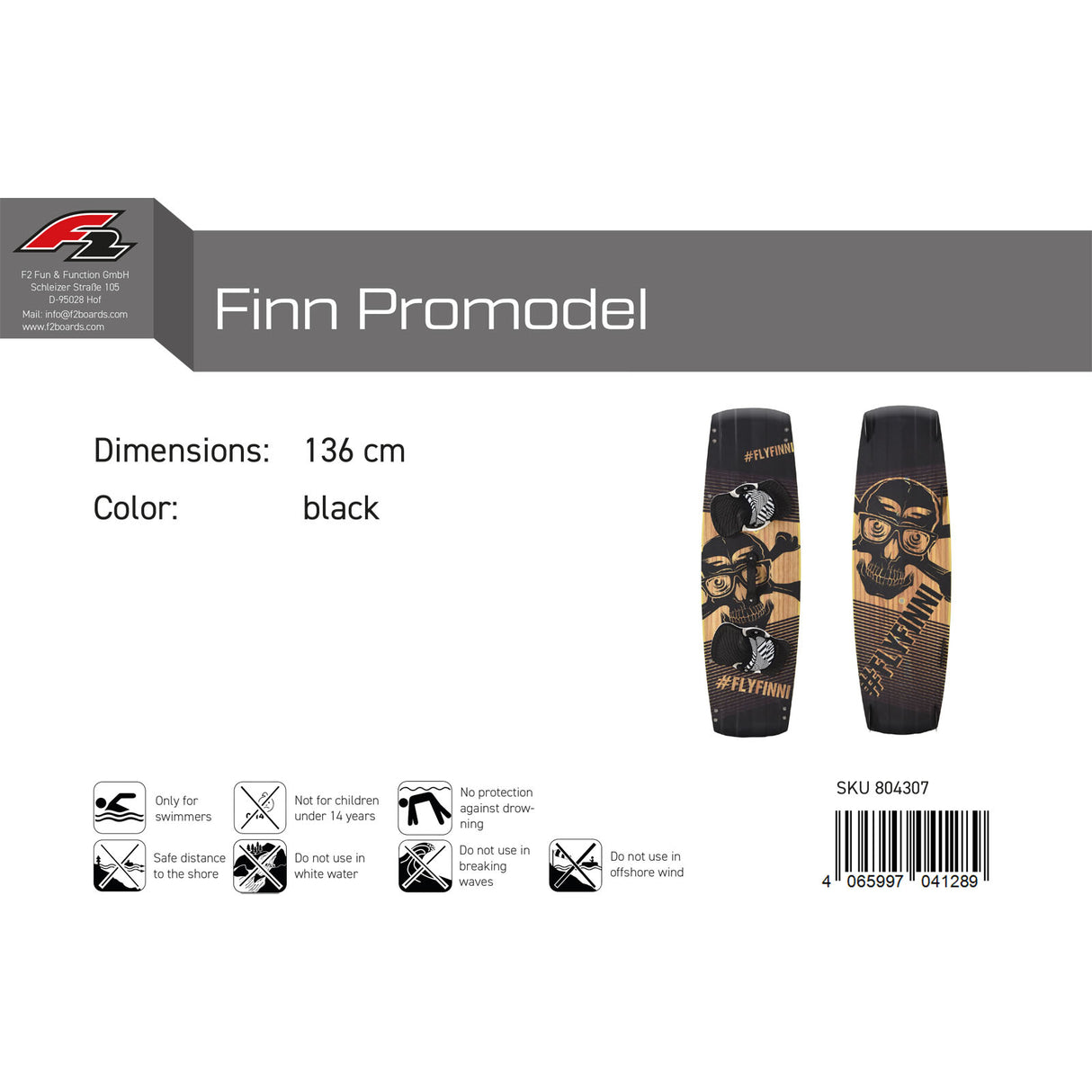 F2 Kiteboard Finn Promodel Wood 132-136cm Größe wählbar Schwarz 2023/24