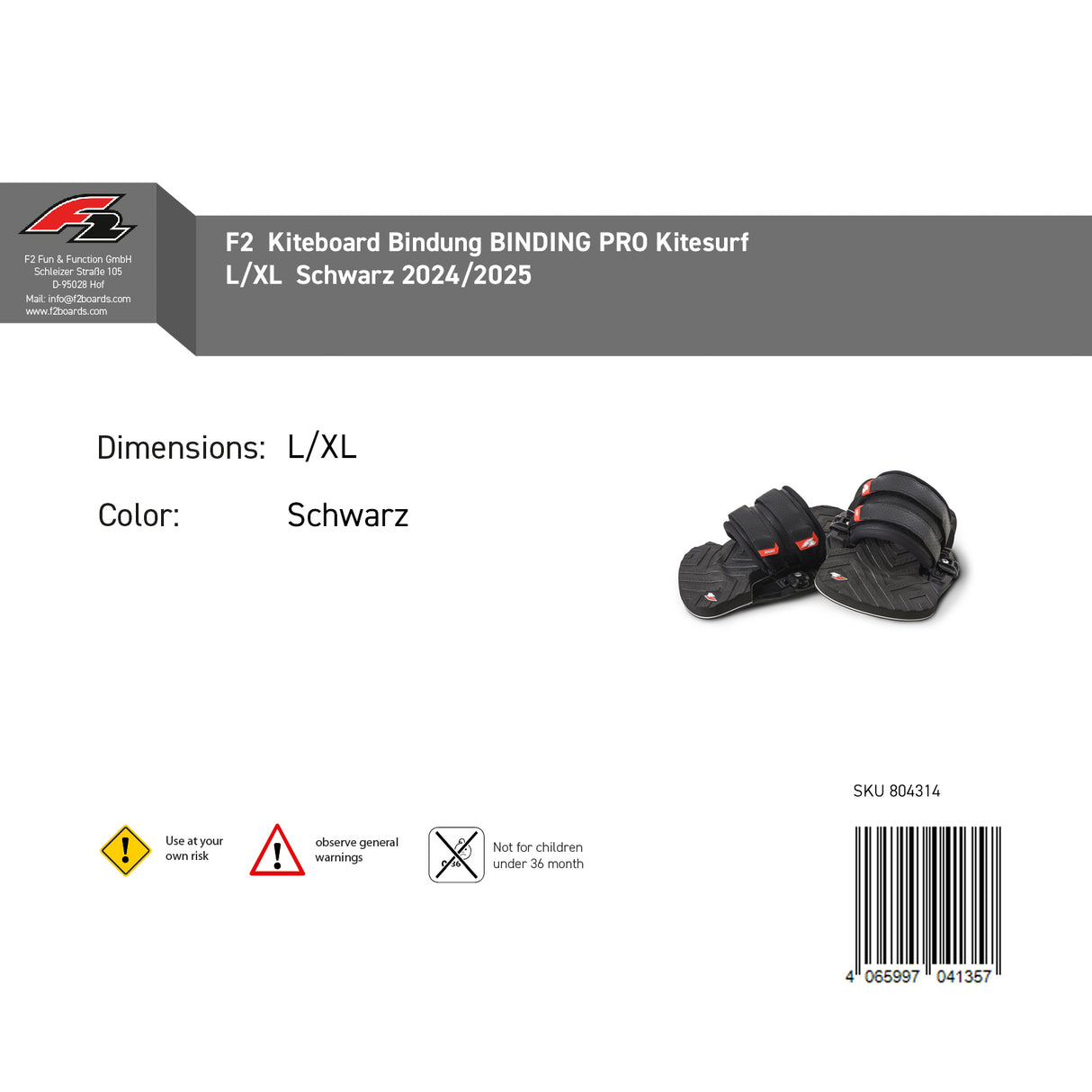 F2 Kiteboard Bindung BINDING PRO Kitesurf S/M-L/XL Größe wählbar Schwarz 2024/25