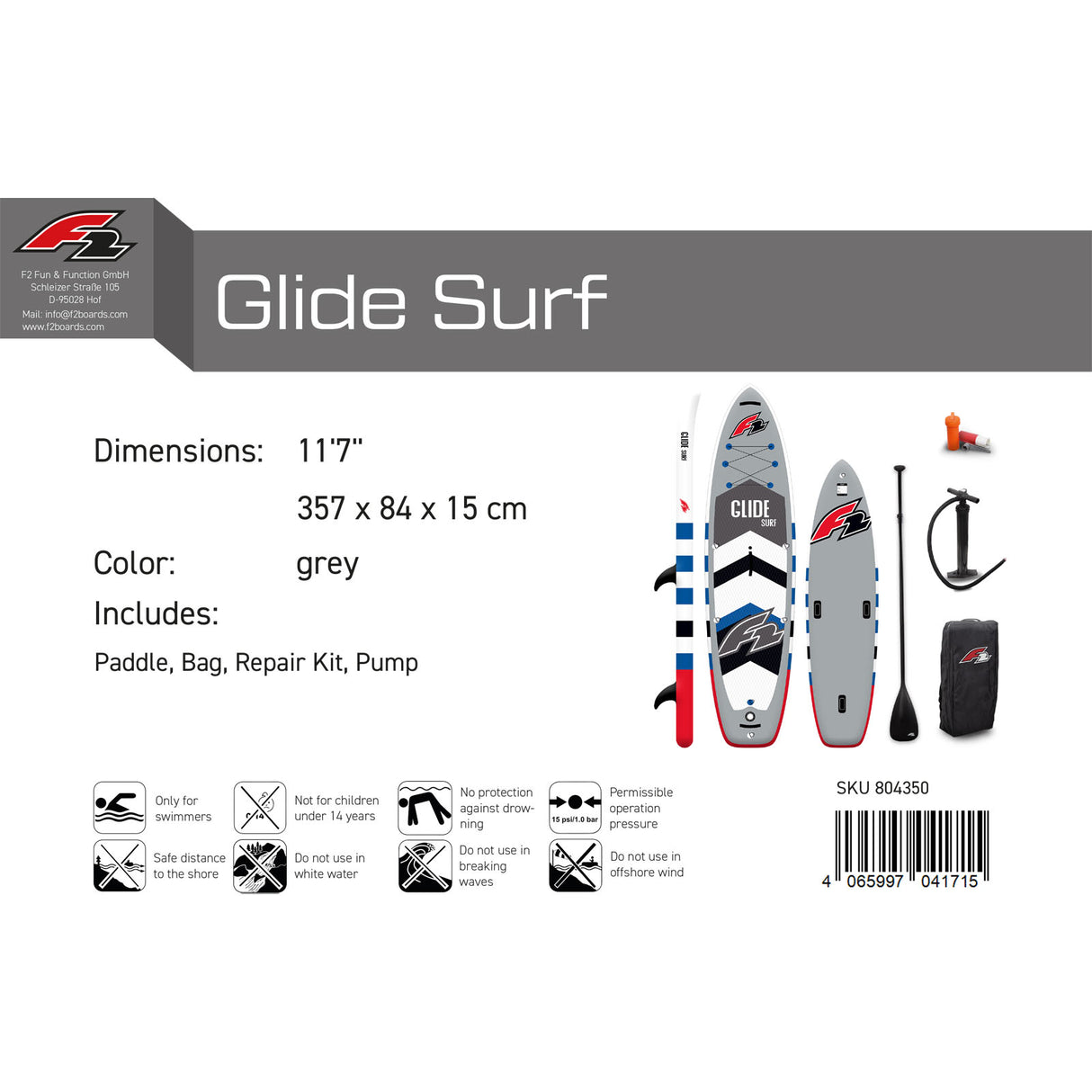 F2 SUP Stand Up Paddle Board Glide Surf 10'2''/10'8"/11'7" wählbar Grau