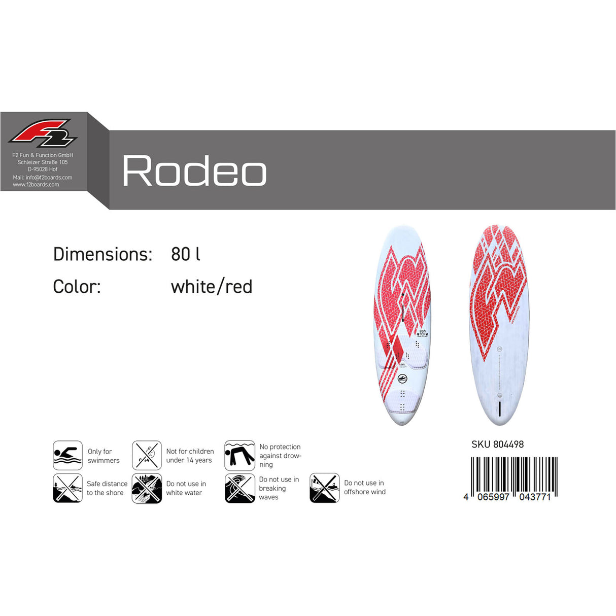 F2 Windsurfboard Rodeo Pro 80-104L Größe wählbar Weiss/Rot 2024/25