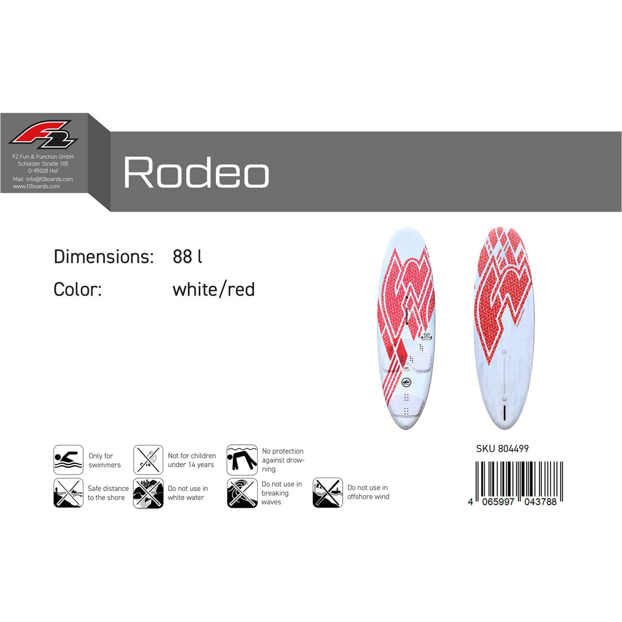 F2 Windsurfboard Rodeo Pro 80-104L Größe wählbar Weiss/Rot 2024/25