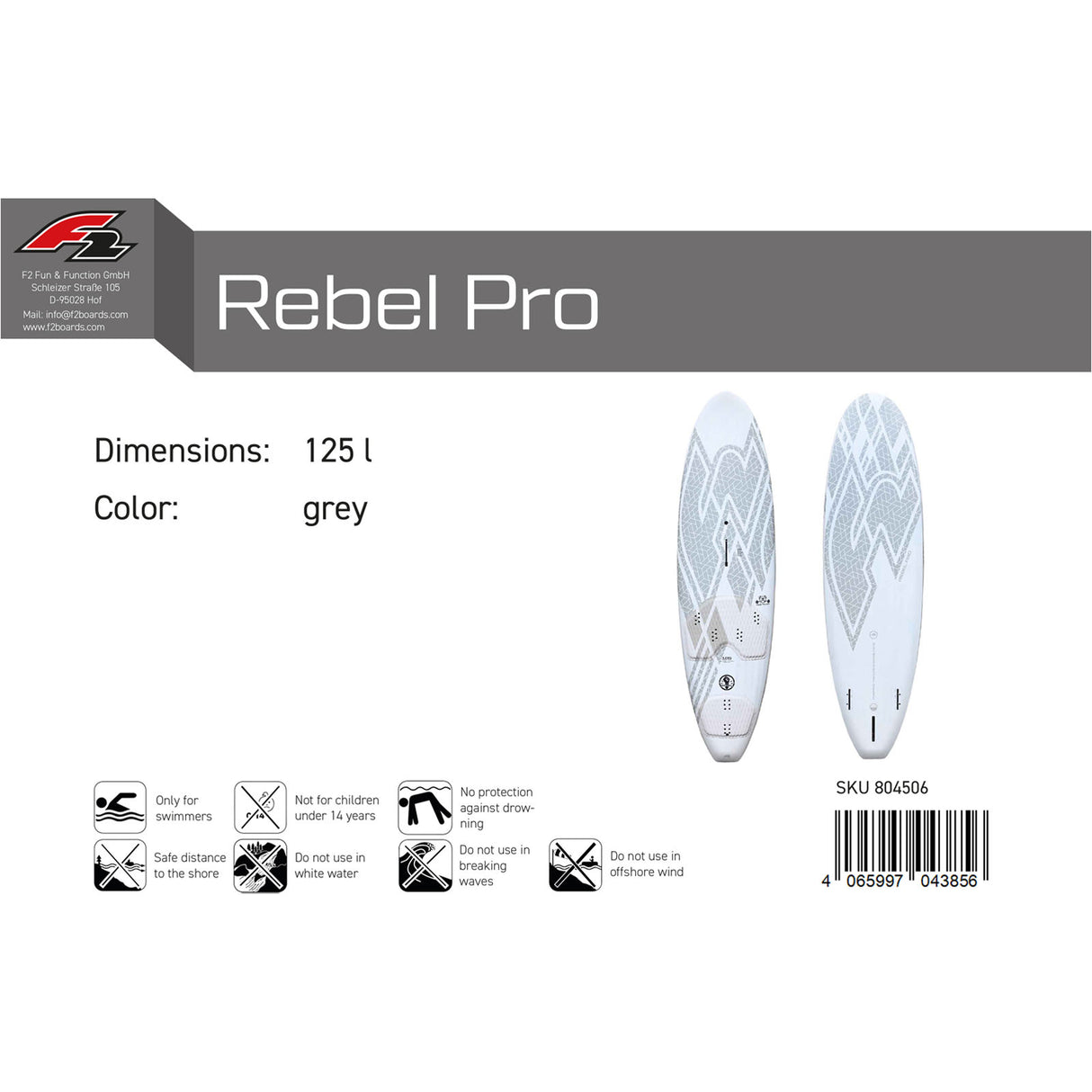 F2 Windsurfboard Rebel Pro Pro 85-125L Größe wählbar Grau 2024/25