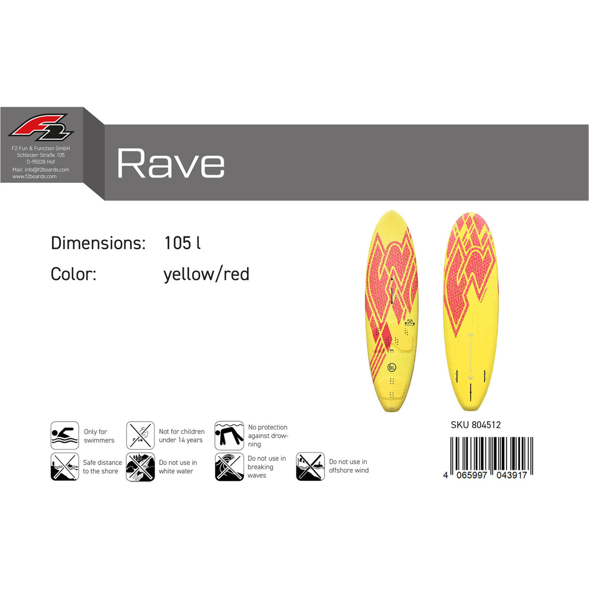 F2 Windsurfboard Rave Pro 90-110L Größe wählbar Gelb/Rot 2024/25