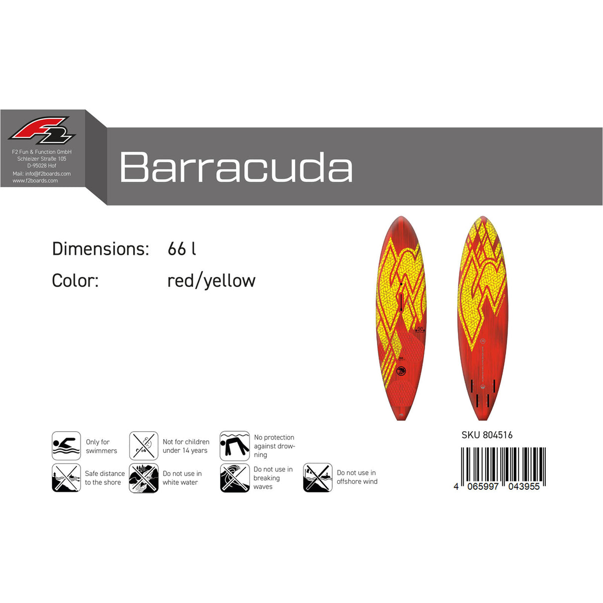 F2 Junior Windsurfboard Barracuda HD Youth 52-66L wählbar Rot/Weiss 2024/25