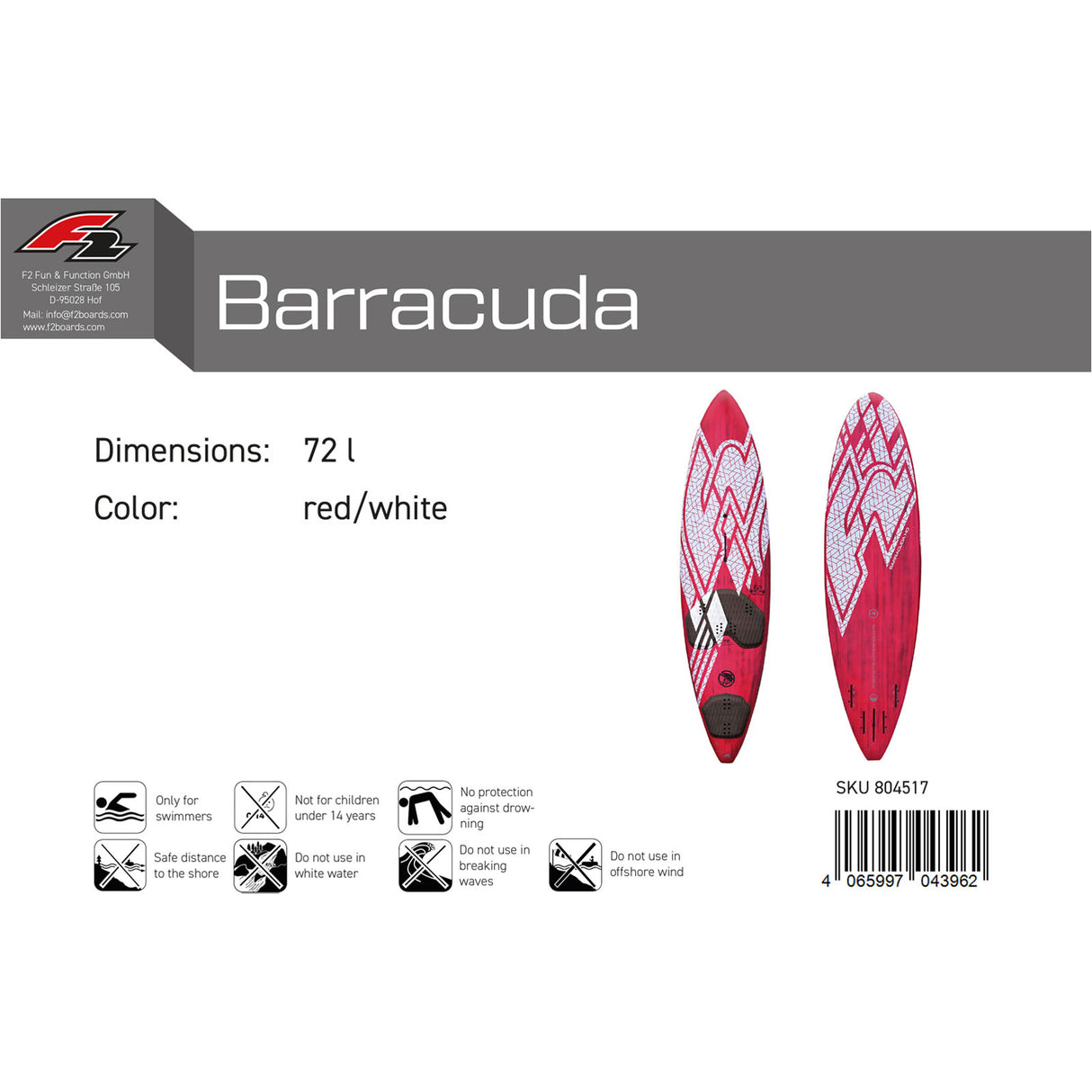 F2 Windsurfboard Barracuda HD 72-88L Größe wählbar Rot/Weiss 2024/25