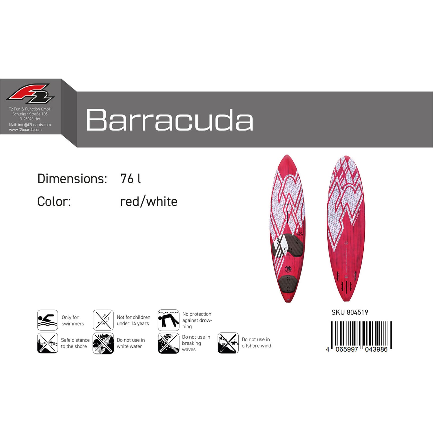 F2 Windsurfboard Barracuda HD 72-88L Größe wählbar Rot/Weiss 2024/25