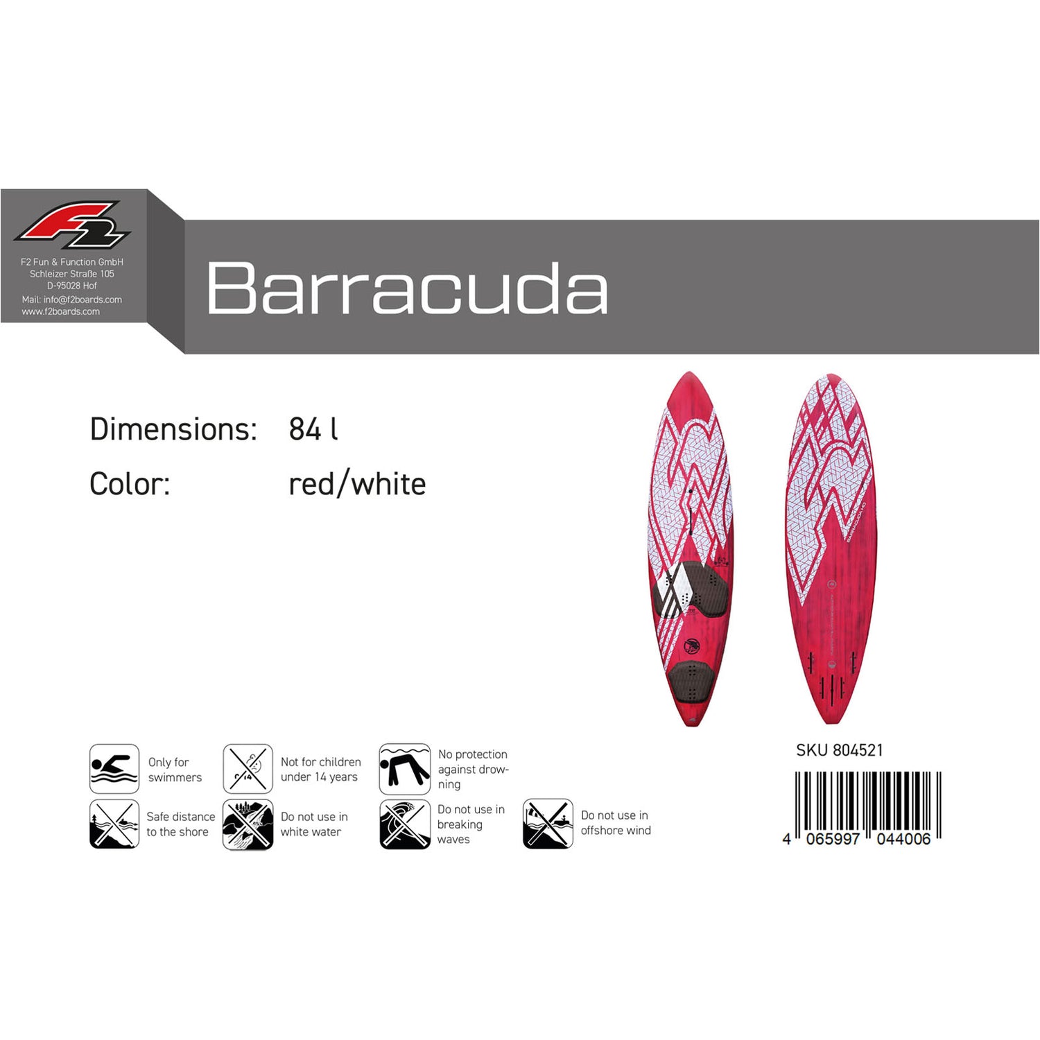 F2 Windsurfboard Barracuda HD 72-88L Größe wählbar Rot/Weiss 2024/25