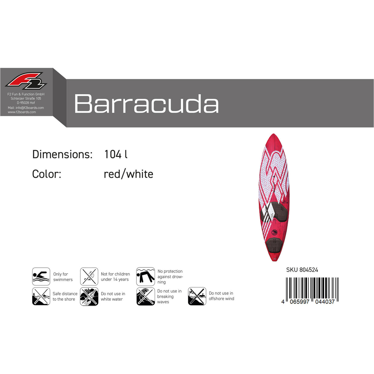 F2 Windsurfboard Barracuda Pro 94-104L Größe wählbar Rot/Weiss 2024/25