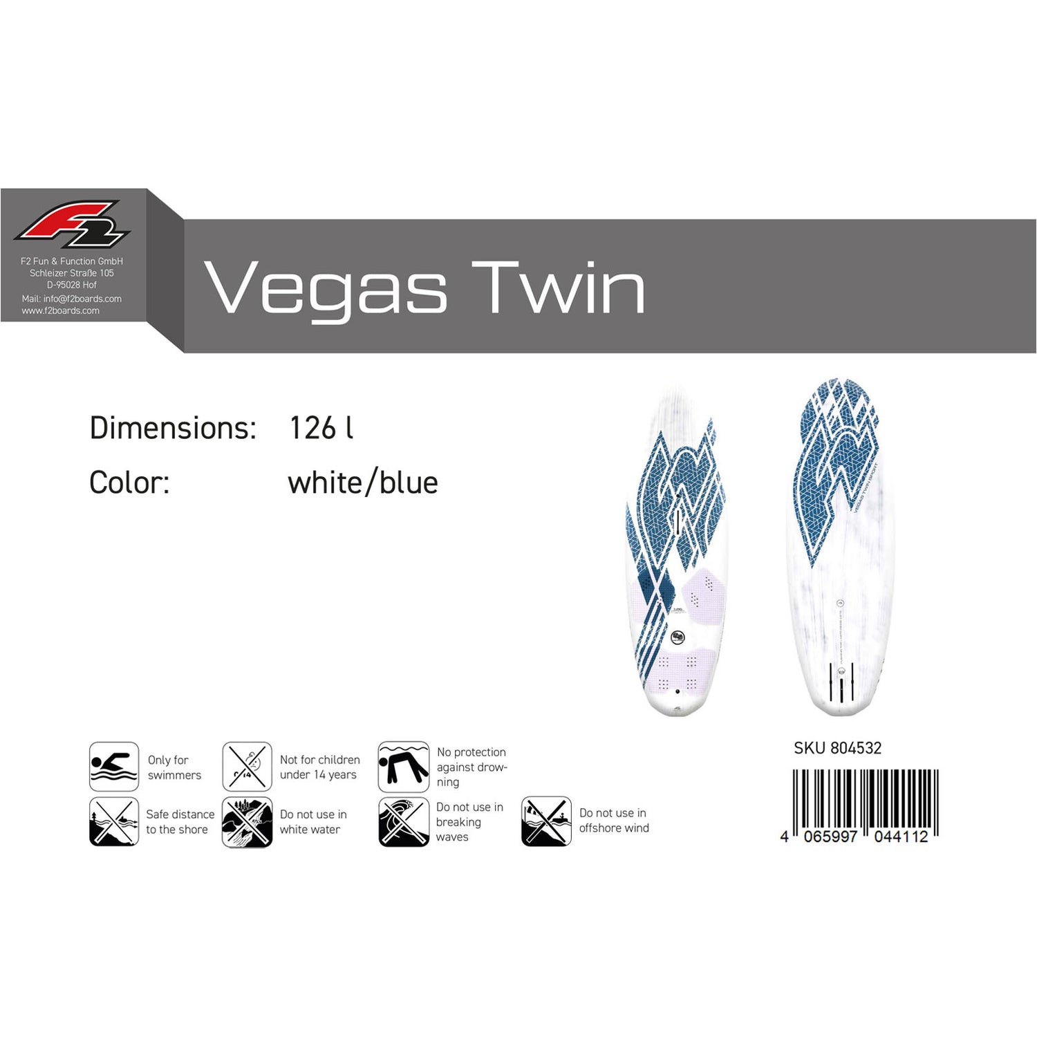 F2 Windsurfboard Vegas Twin Sport 126-156L Größe wählbar Weiss/Blau 2024/25