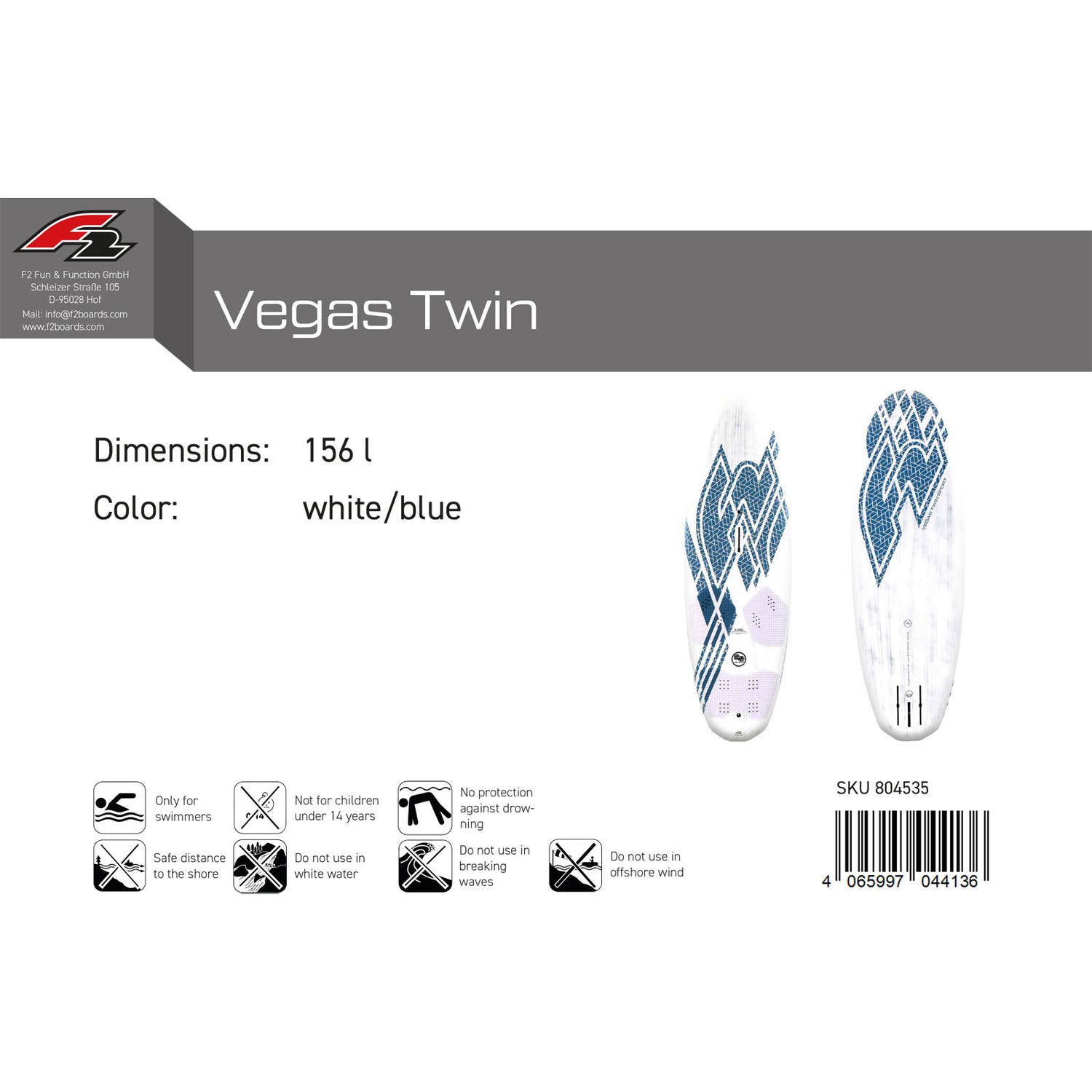 F2 Windsurfboard Vegas Twin Sport 126-156L Größe wählbar Weiss/Blau 2024/25