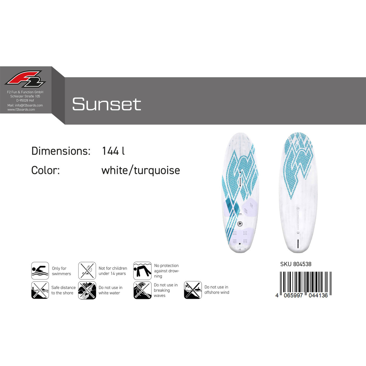 F2 Windsurfboard Sunset Sport 126-151L Größe wählbar Weiss/Blau 2024/25