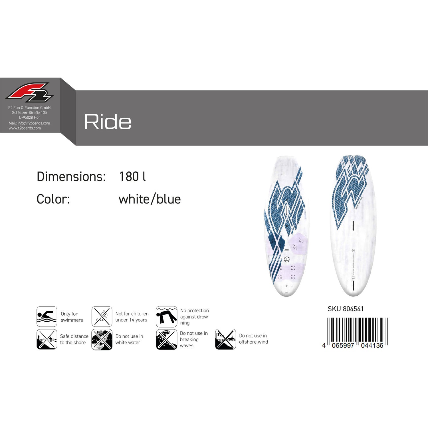 F2 Windsurfboard Ride Sport 160-180L Größe wählbar Weiss/Blau 2024/25