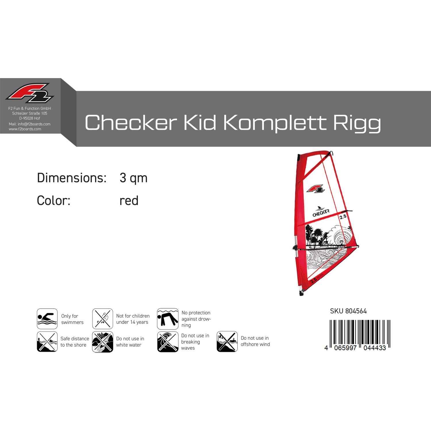 F2 Windsurf Segel Checker Kid Komplett Rigg 1,5-5,5qm Größe wählbar Rot 2024/25