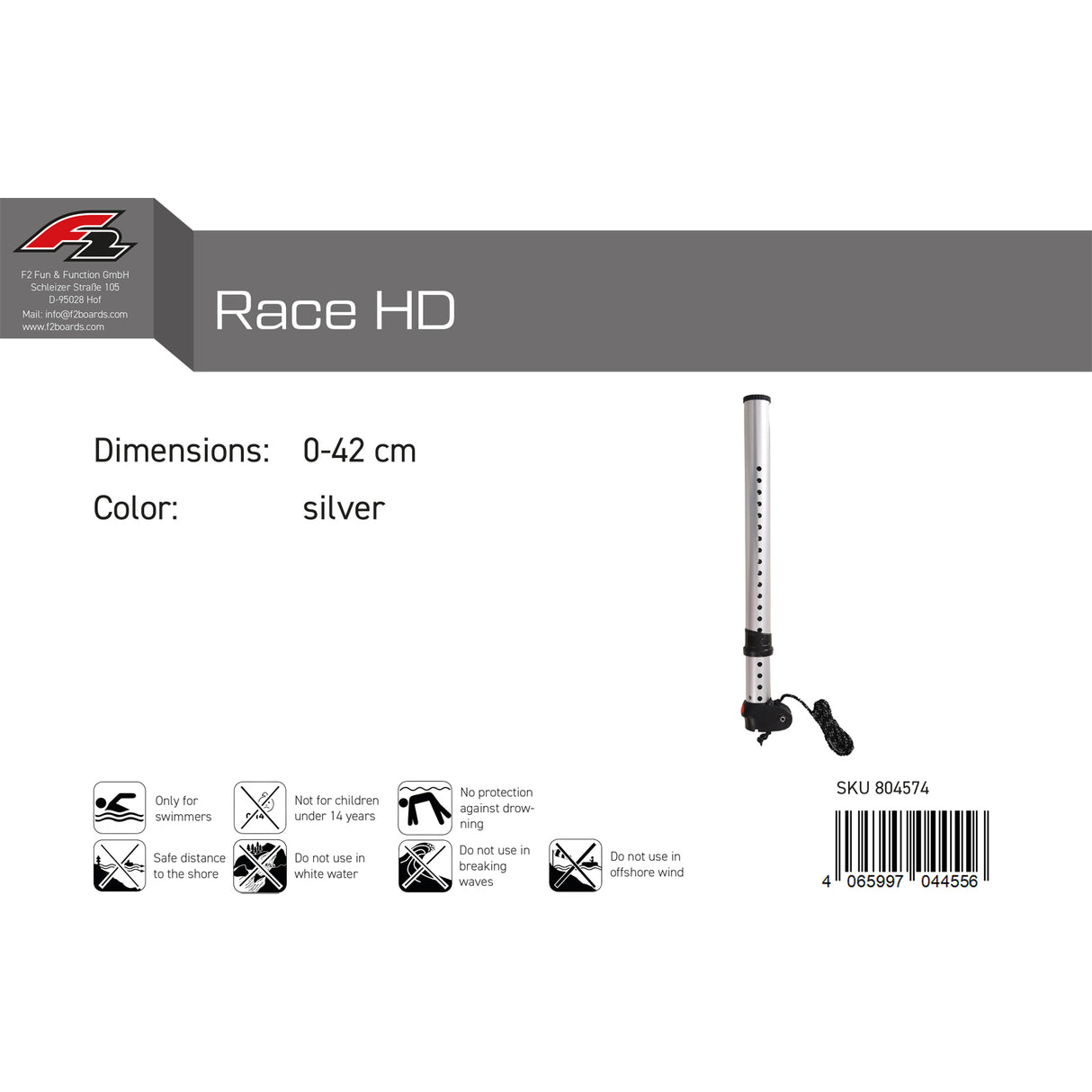 F2 Windsurf Mastverlängerung Race HD SDM 0-42 cm Silber 2024/25