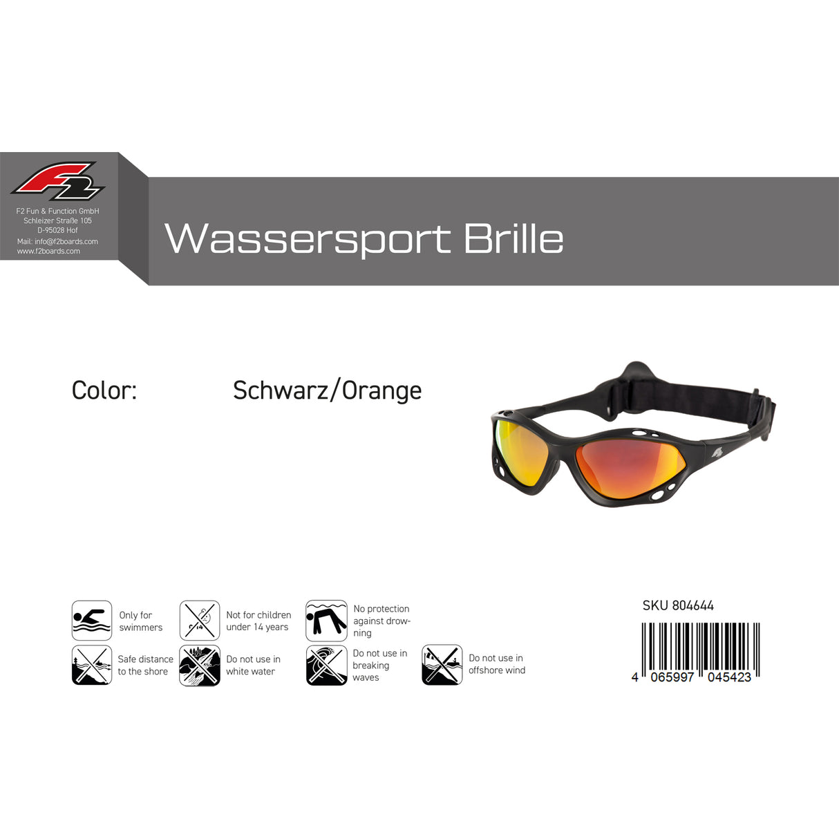 F2 Brille Wassersport Brille Farbe wählbar 2024/25