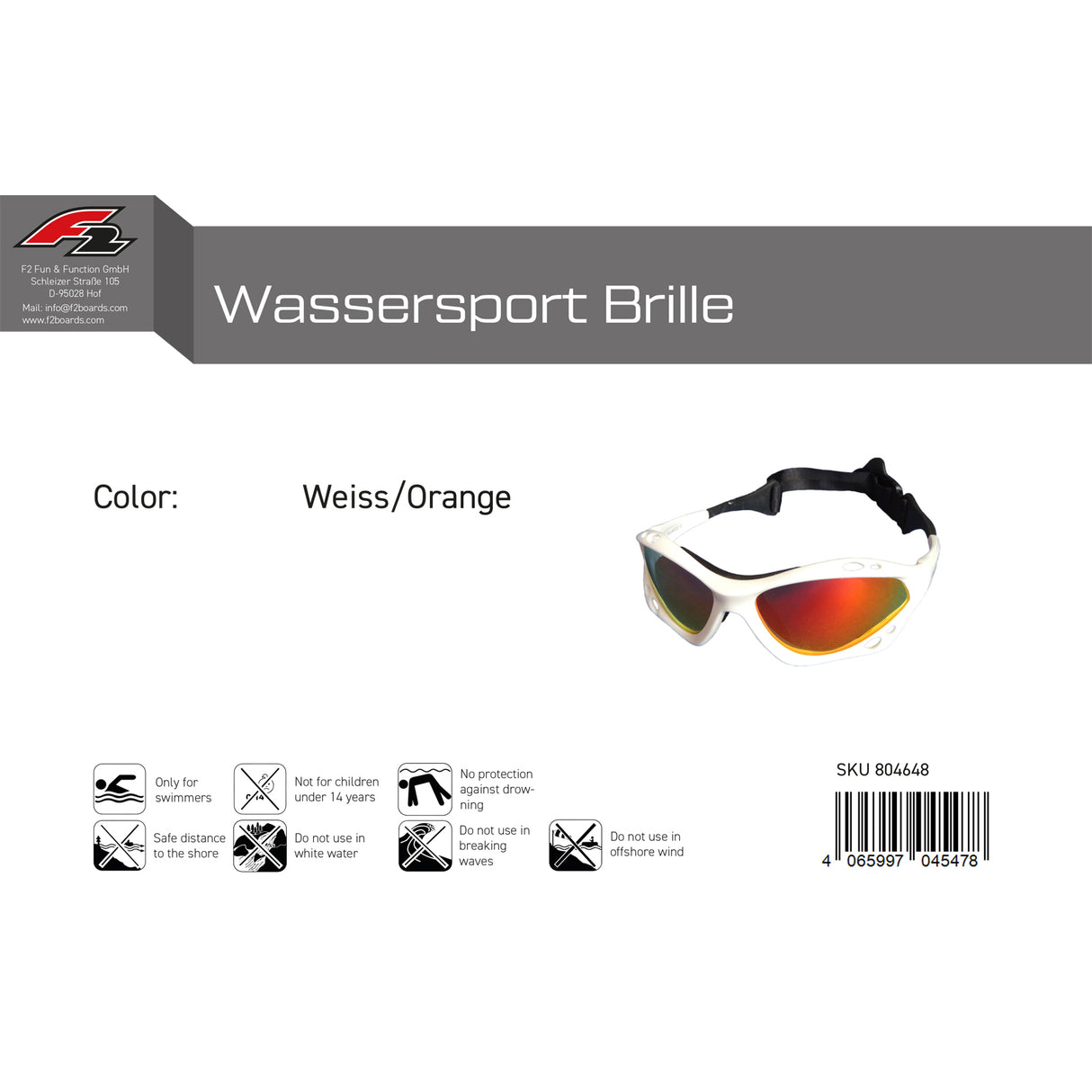 F2 Brille Wassersport Brille Farbe wählbar 2024/25