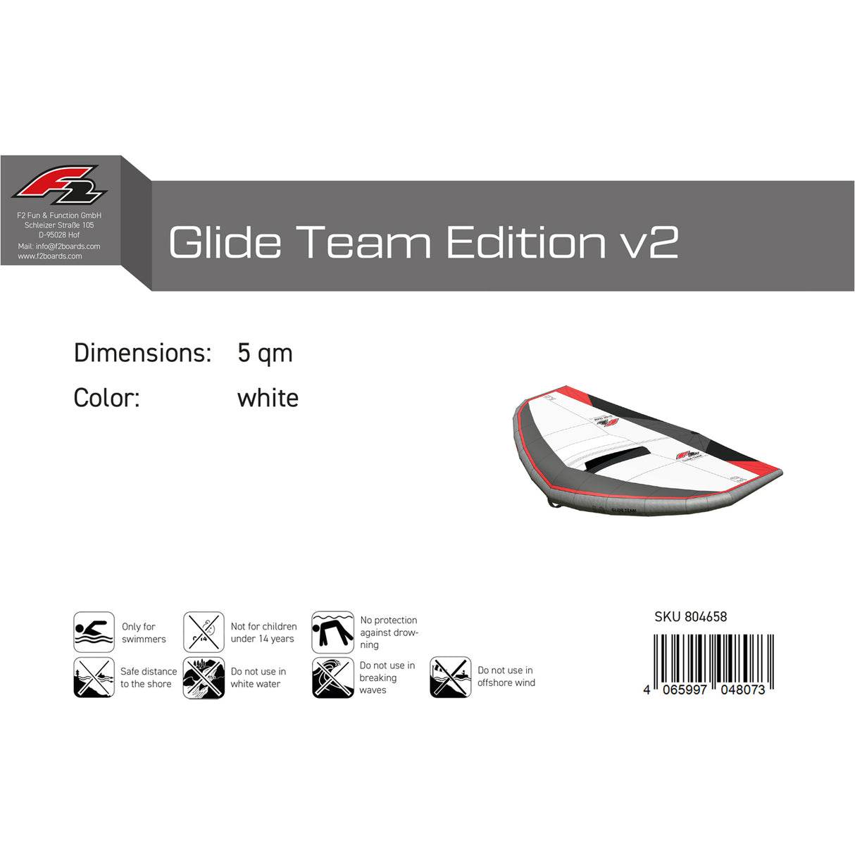 F2 Wing Glide Team Edition Carbon Handle 3,5-7,5qm wählbar Weiss/Grau 2024/25