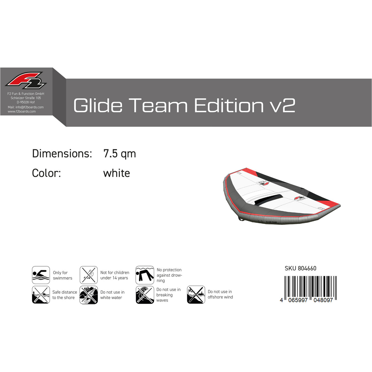 F2 Wing Glide Team Edition Carbon Handle 3,5-7,5qm wählbar Weiss/Grau 2024/25