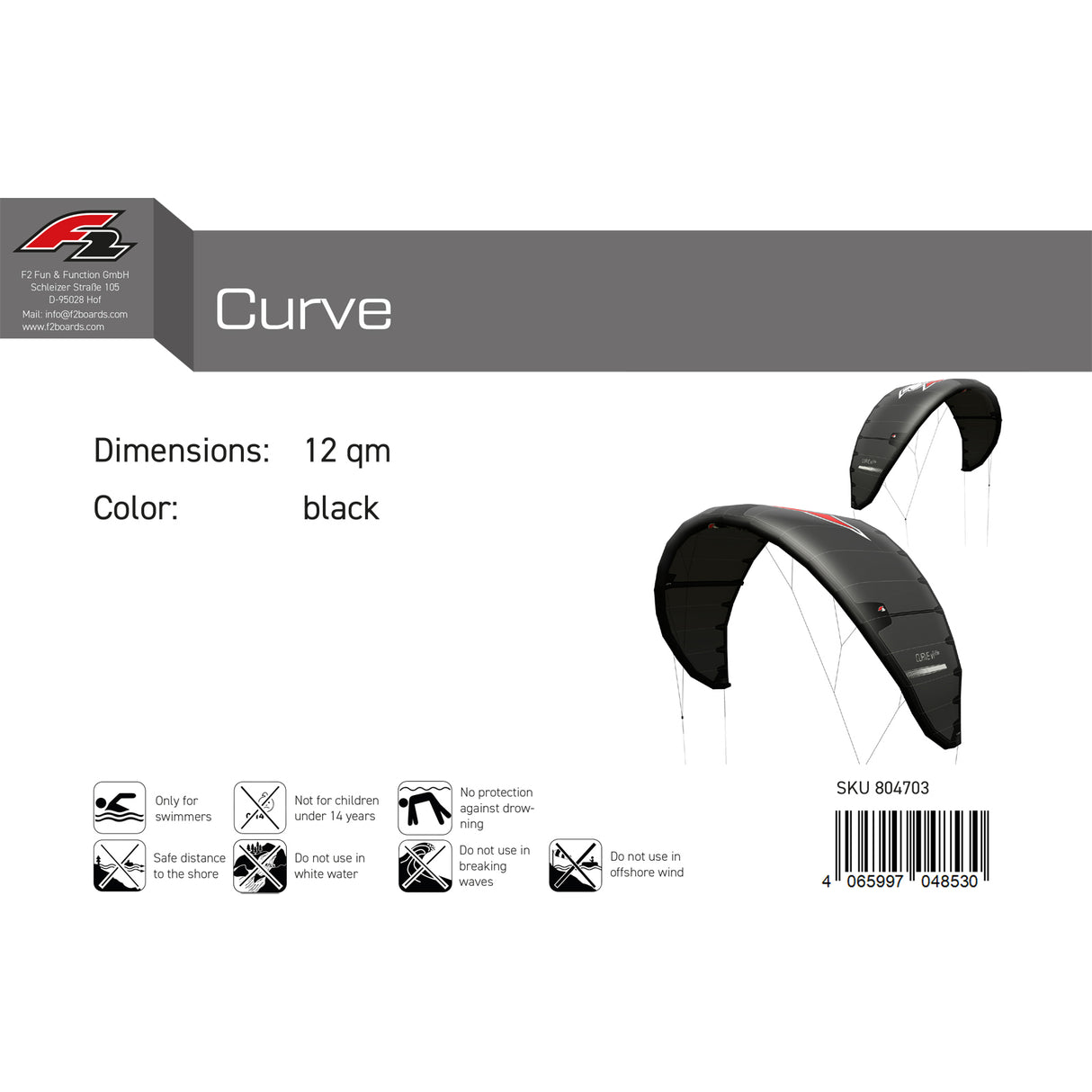F2 Kite Curve 7-15qm Größe wählbar Schwarz 2024/25