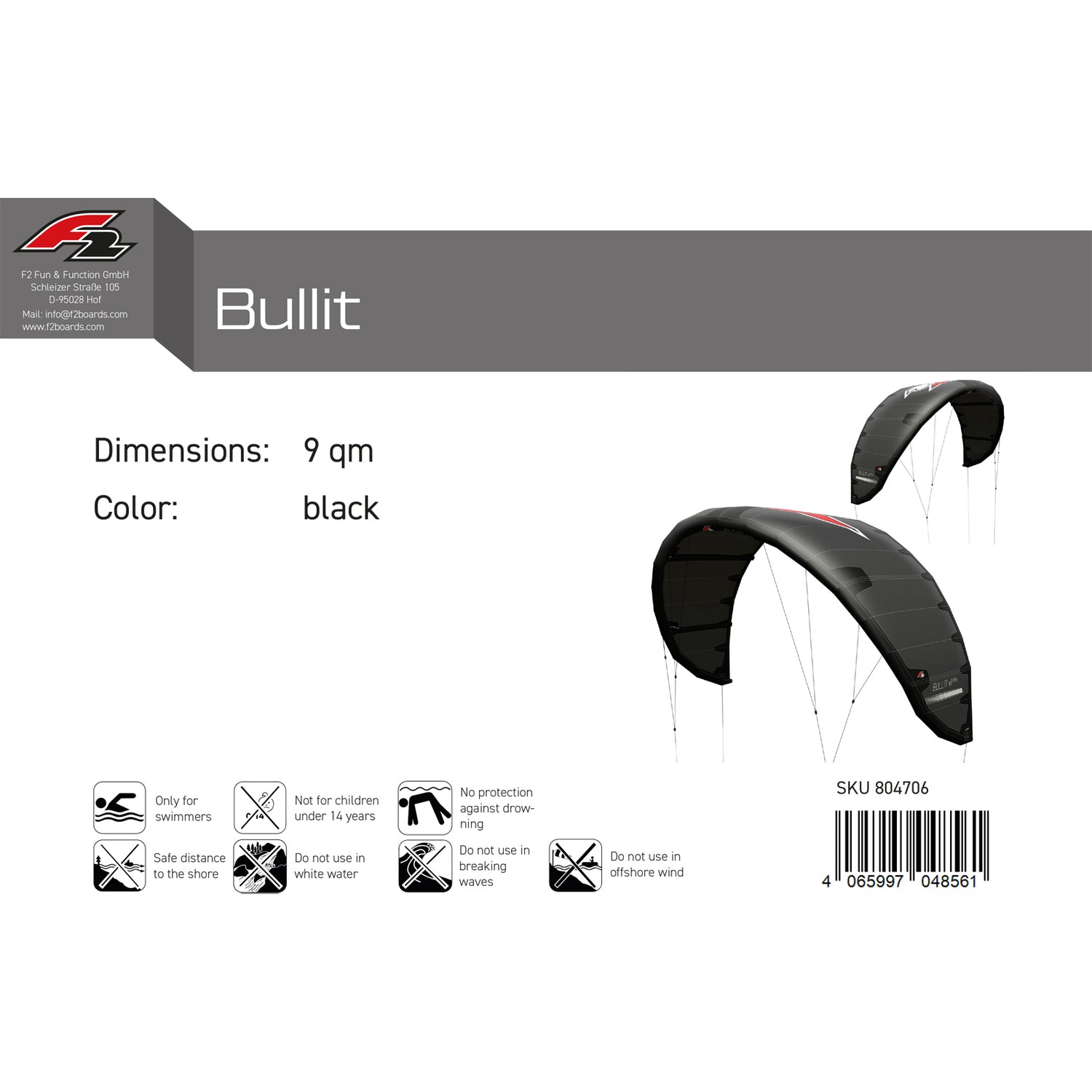 F2 Kite Bullit  7-15qm Größe wählbar Schwarz 2024/25