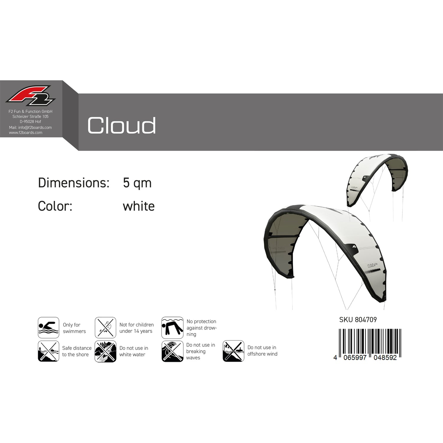 F2 Kite Cloud 5-12qm Größe wählbar Weiss 2024/25