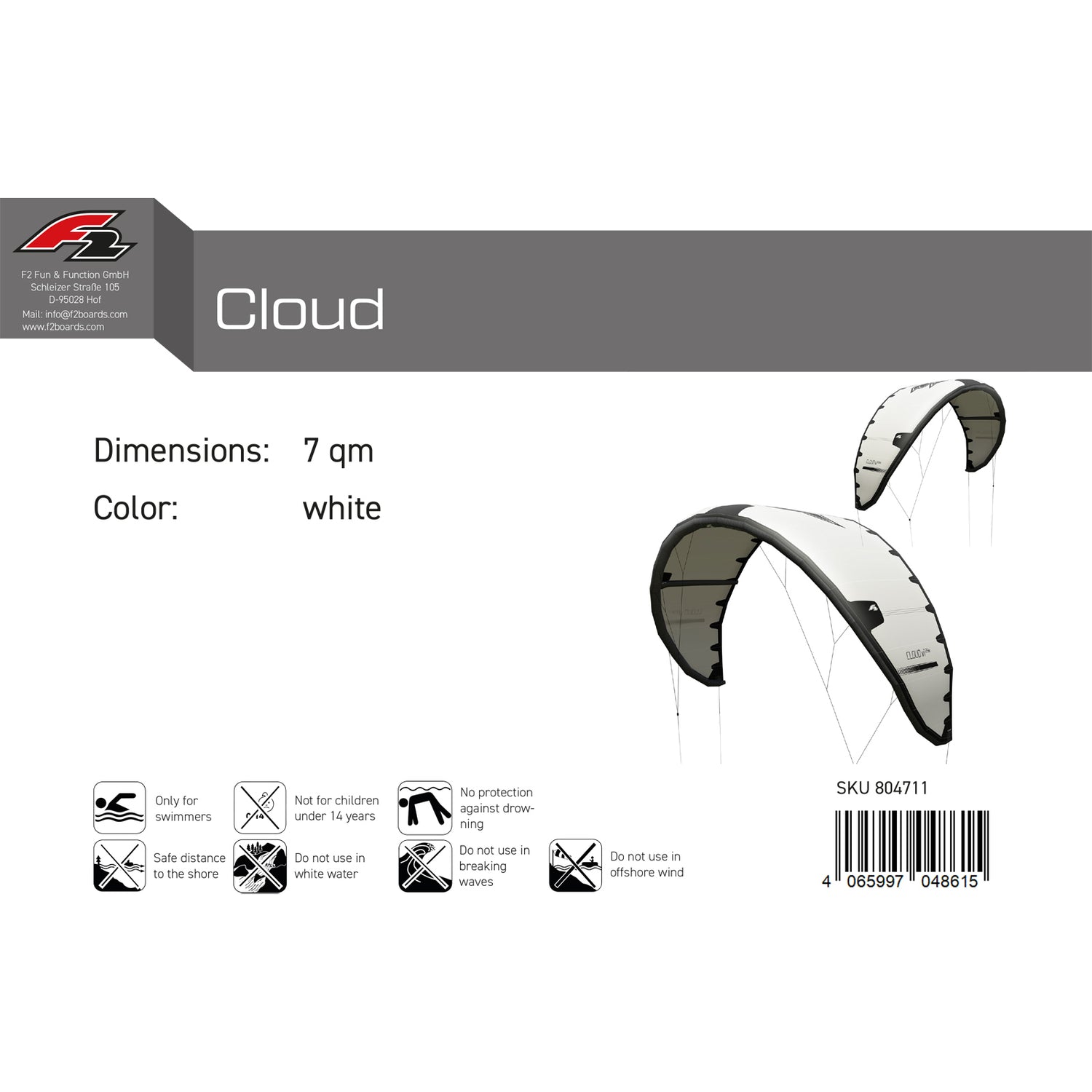 F2 Kite Cloud 5-12qm Größe wählbar Weiss 2024/25