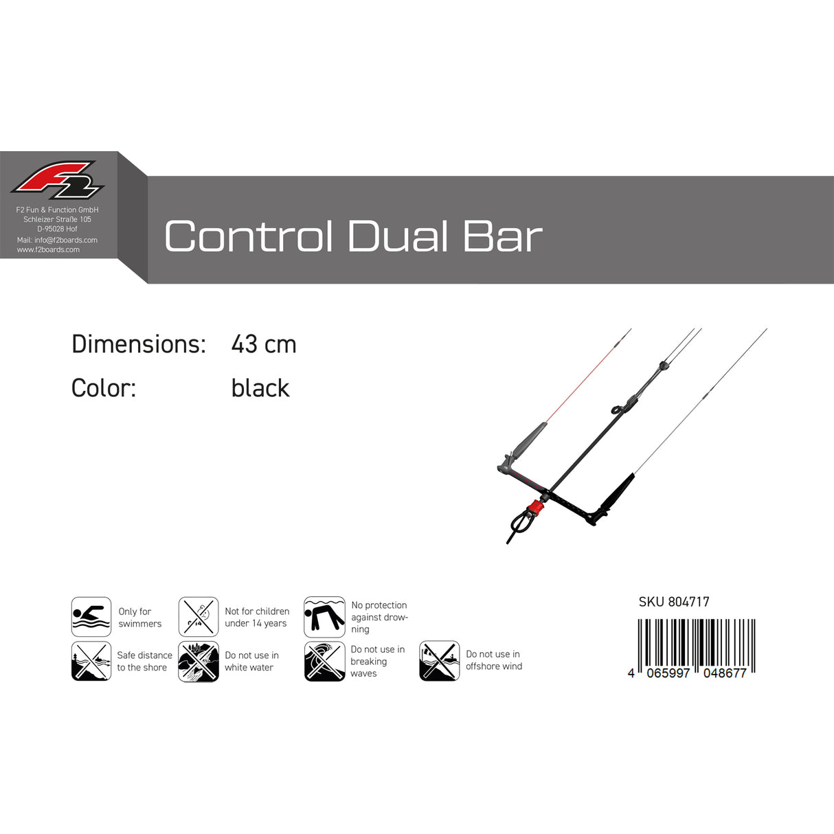 F2 Kitesurf Bar Control Dual Bar 43 cm Schwarz 2024/25