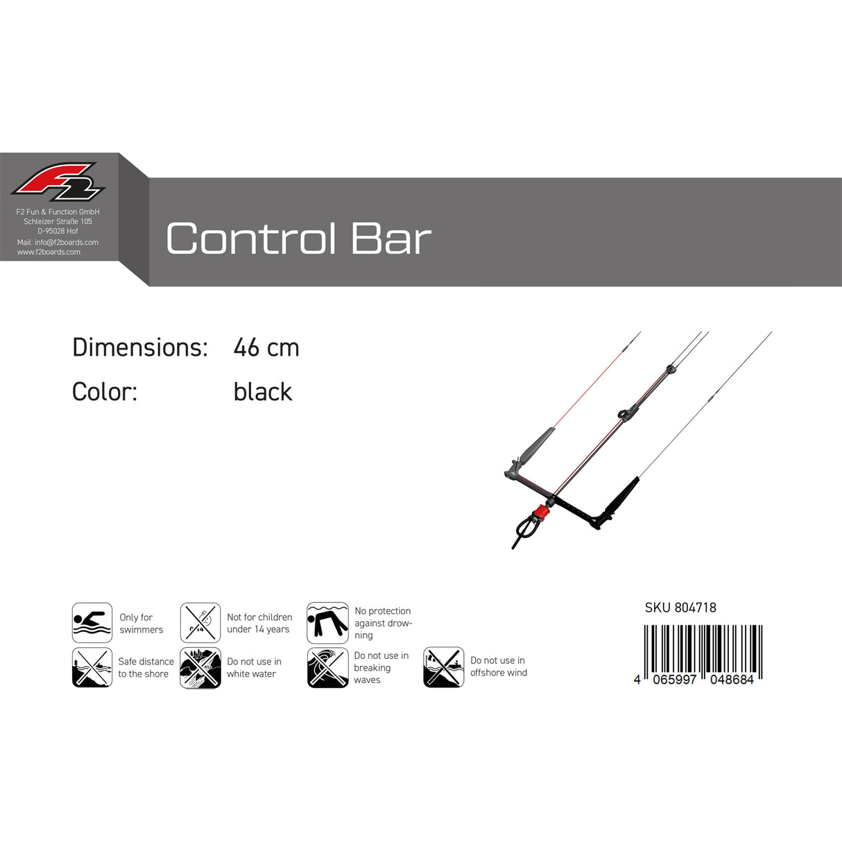 F2 Kitesurf Bar Control Bar 46 cm Schwarz 2024/25
