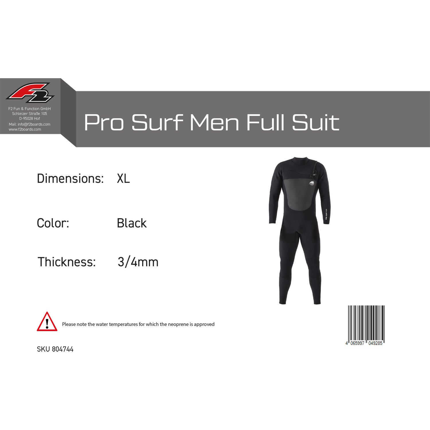 F2 Neopren Anzug Pro Surf Men Full Suit Lang M-XXL 4/3mm Größe wählbar Schwarz