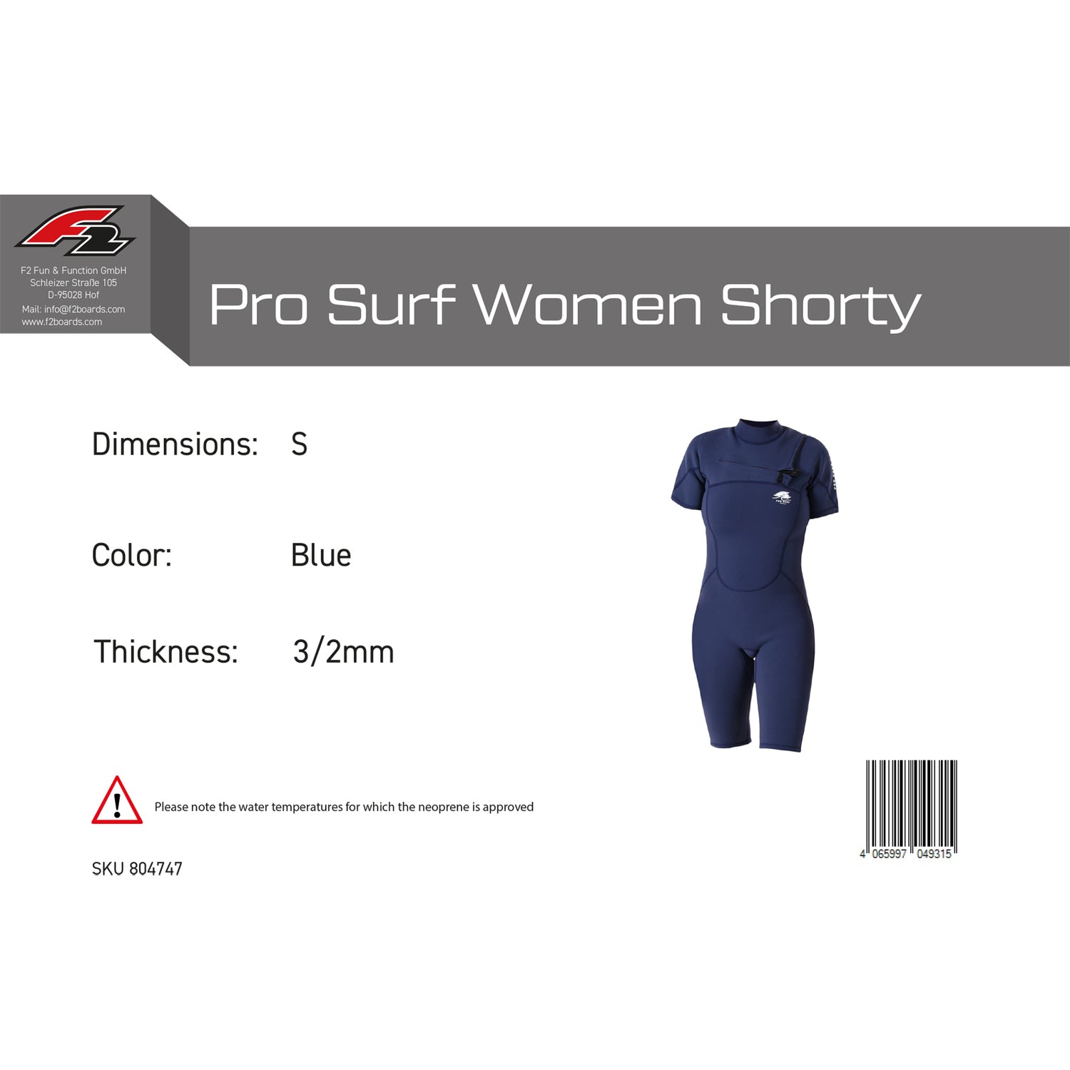 F2 Neopren Anzug Pro Surf Women Shorty Kurz XS-L 3/2mm Größe wählbar Blau