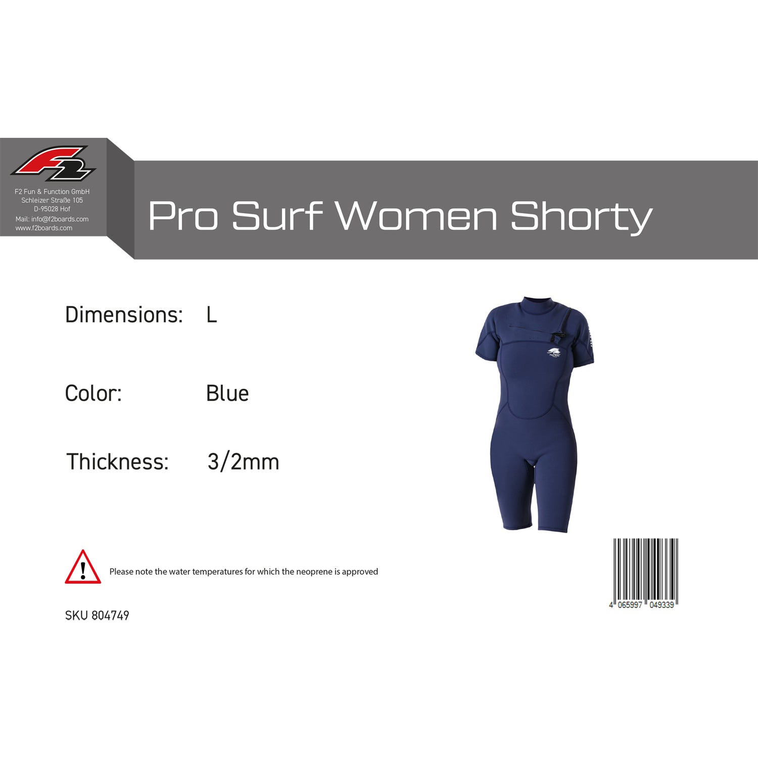 F2 Neopren Anzug Pro Surf Women Shorty Kurz XS-L 3/2mm Größe wählbar Blau