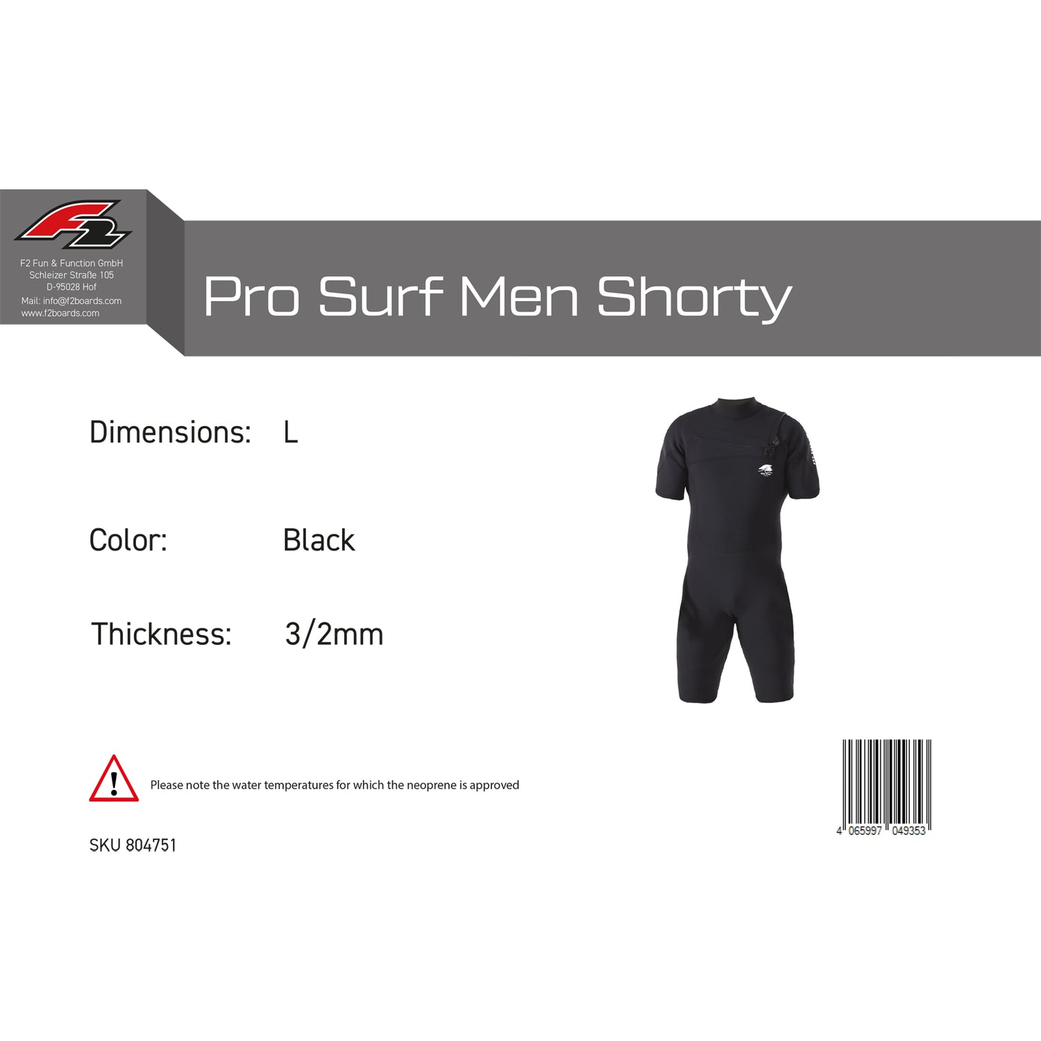 F2 Neopren Anzug Pro Surf Men Shorty Kurz M-XXL 3/2mm Größe wählbar Schwarz