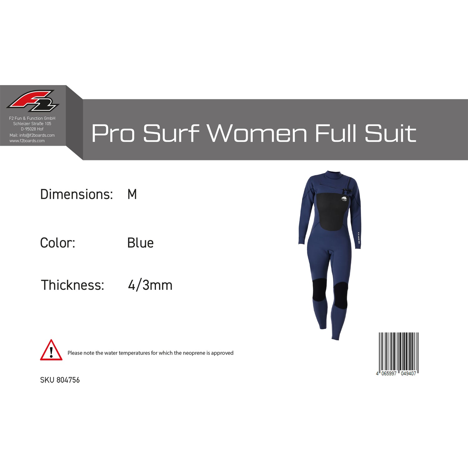 F2 Neopren Anzug Pro Surf Women Full Suit Lang XS-L 4/3mm Größe wählbar Blau