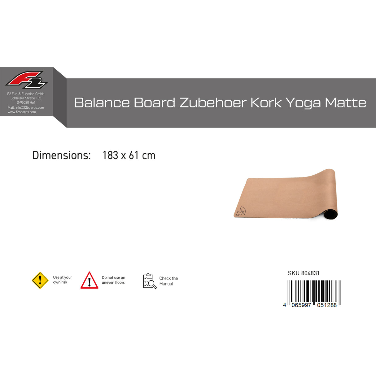 F2 Balance Board Zubehör Kork Tpe Yoga Mat Balance Training 183x61cm