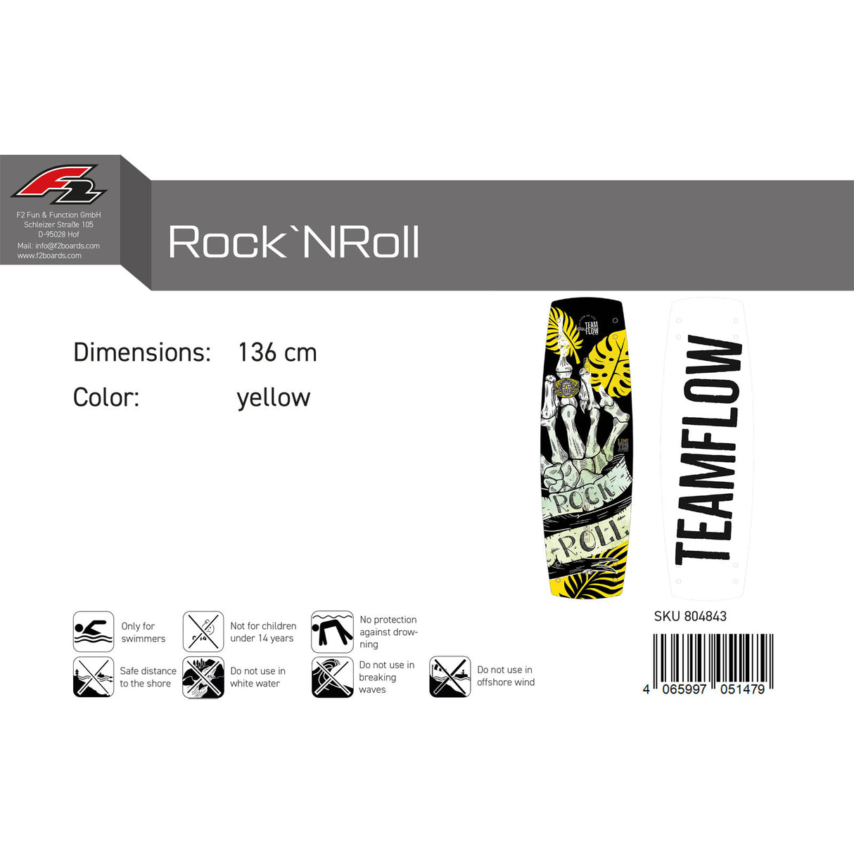 F2 Wakeboard Rock`N´Roll Team Flow 136-148cm Größe wählbar Gelb 2025