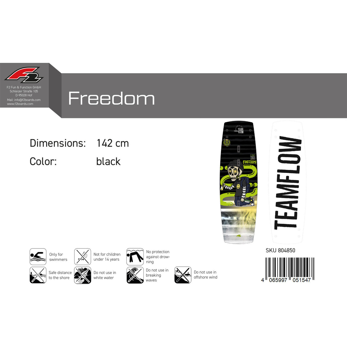 F2 Wakeboard Freedom Team Flow 136-148cm Größe wählbar Schwarz 2025