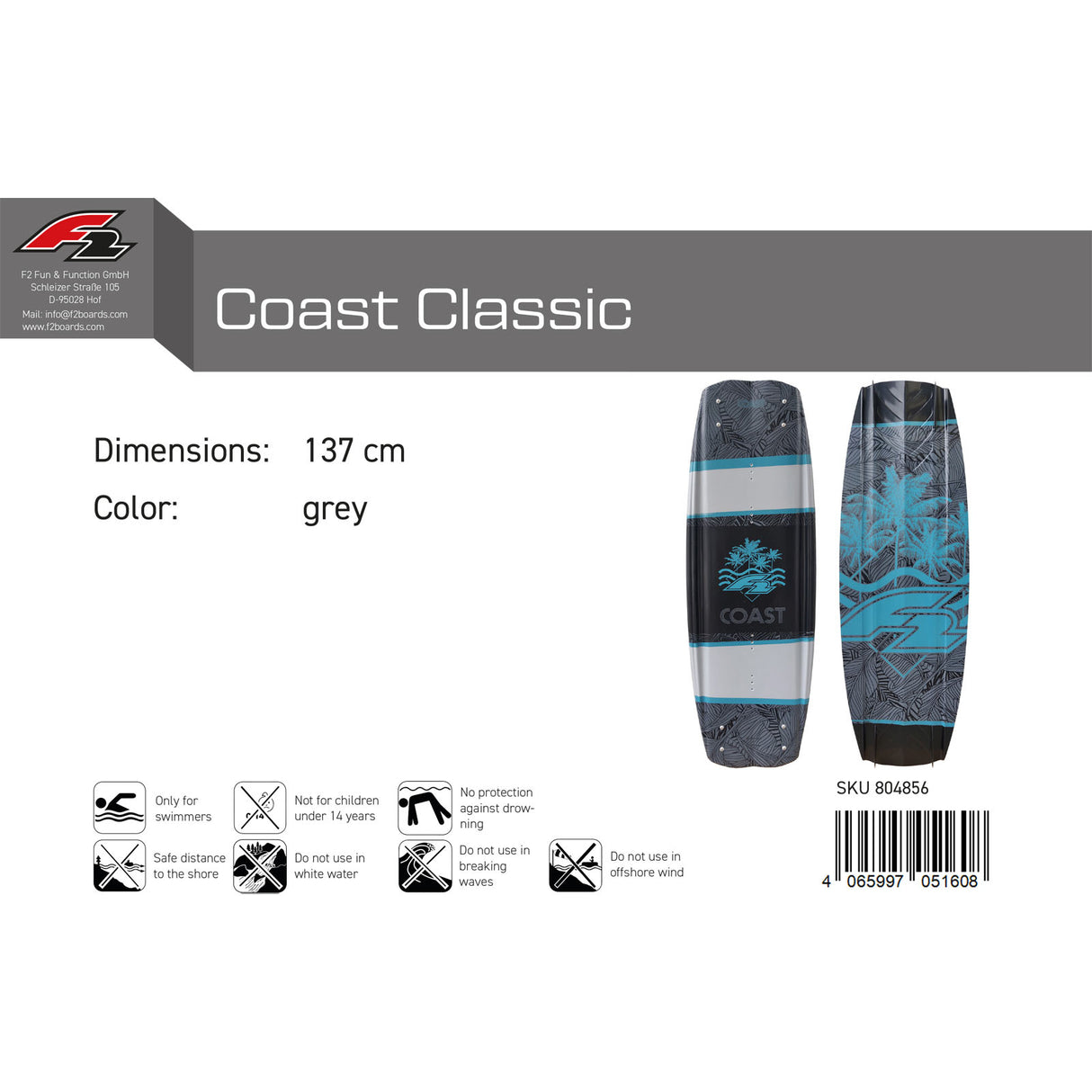 F2 Wakeboard Coast Classic 137-142cm Größe wählbar Grau 2024