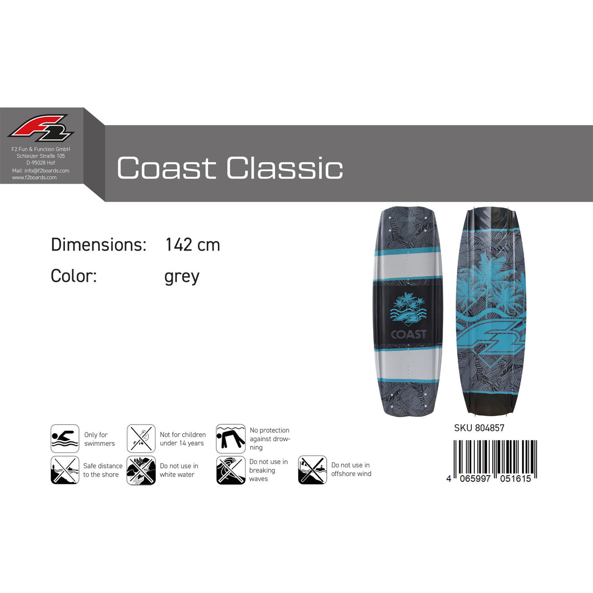 F2 Wakeboard Coast Classic 137-142cm Größe wählbar Grau 2024