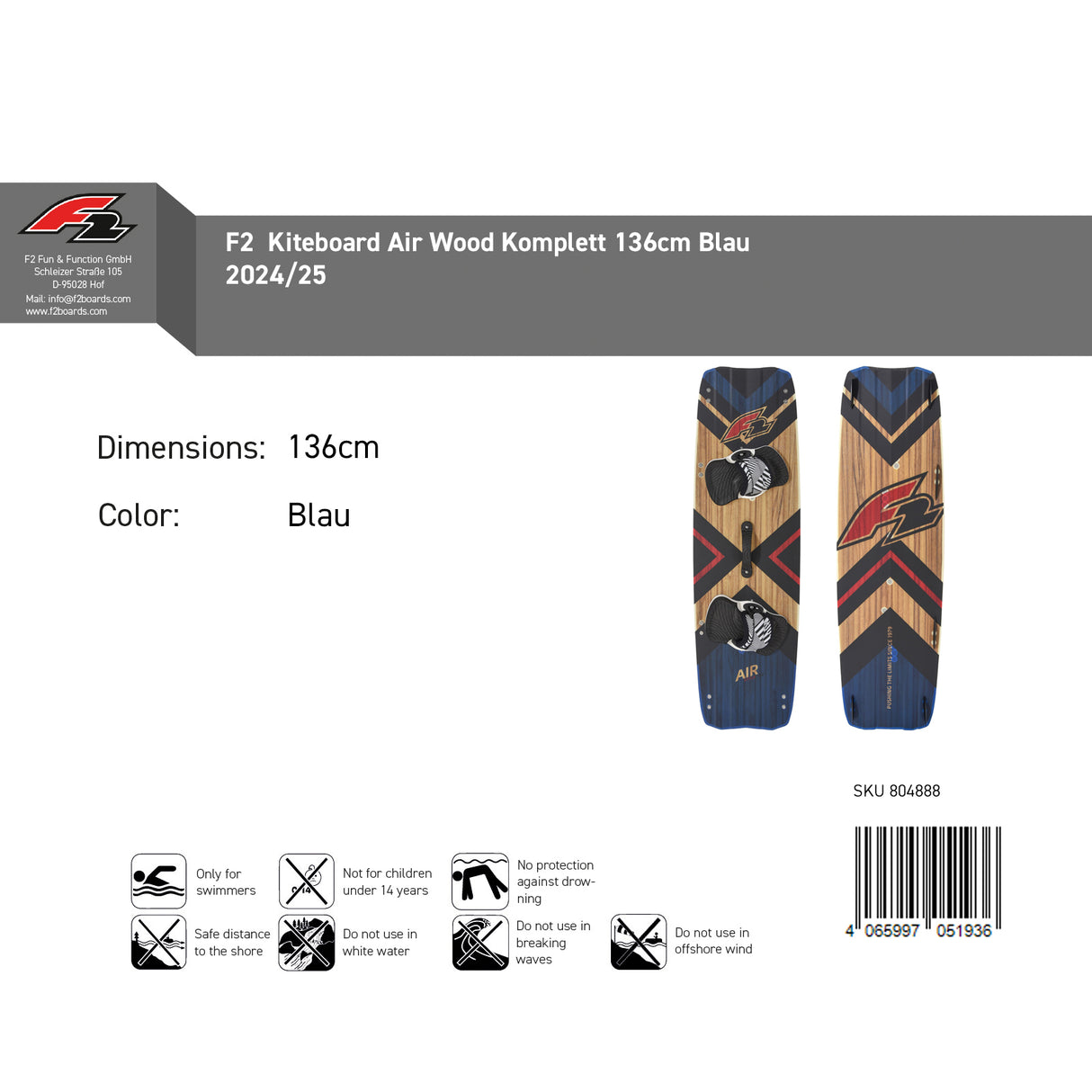 F2 Kiteboard Air Wood Komplett 136cm Blau