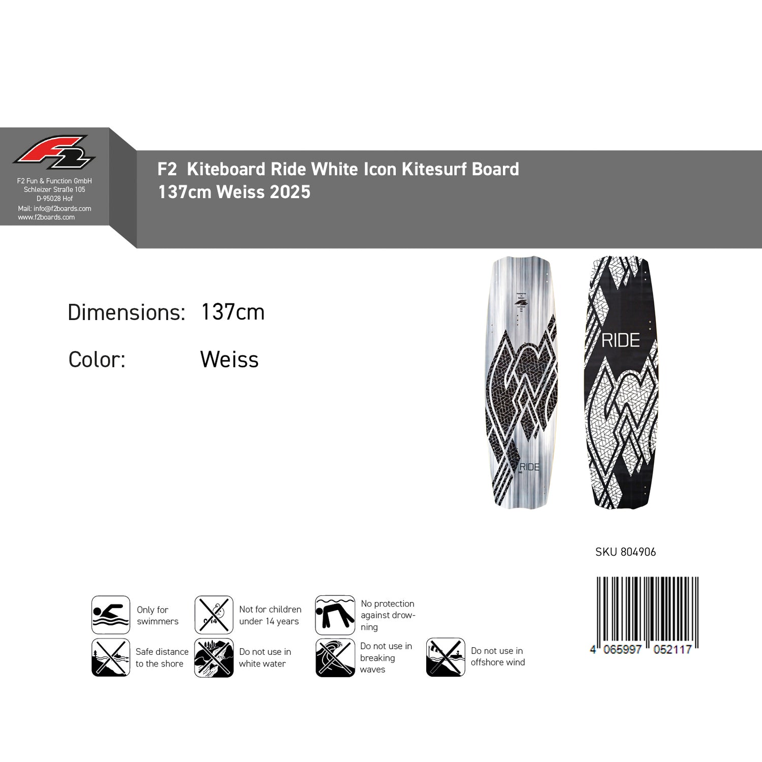 F2  Kiteboard Ride White Icon Kitesurf Board Größe wählbar Weiss 2025