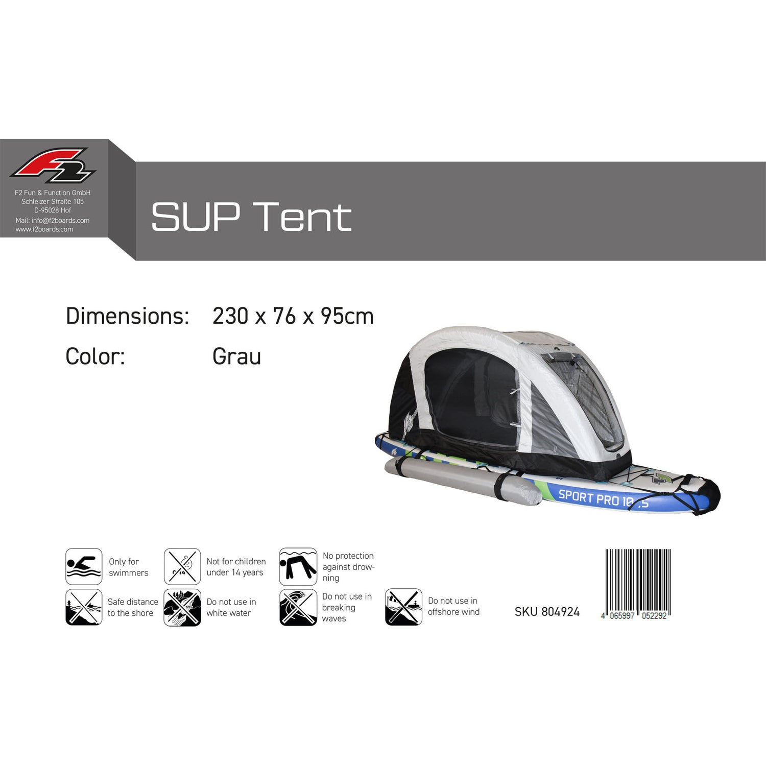 F2  Stand up Paddle Board Zelt SUP TENT SUP Grau 2024/2025