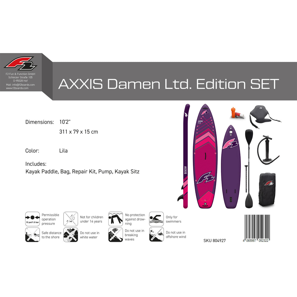 F2 Stand Up Paddle Board AXXIS Damen Ltd. Edition SUP Set Größe wählbar