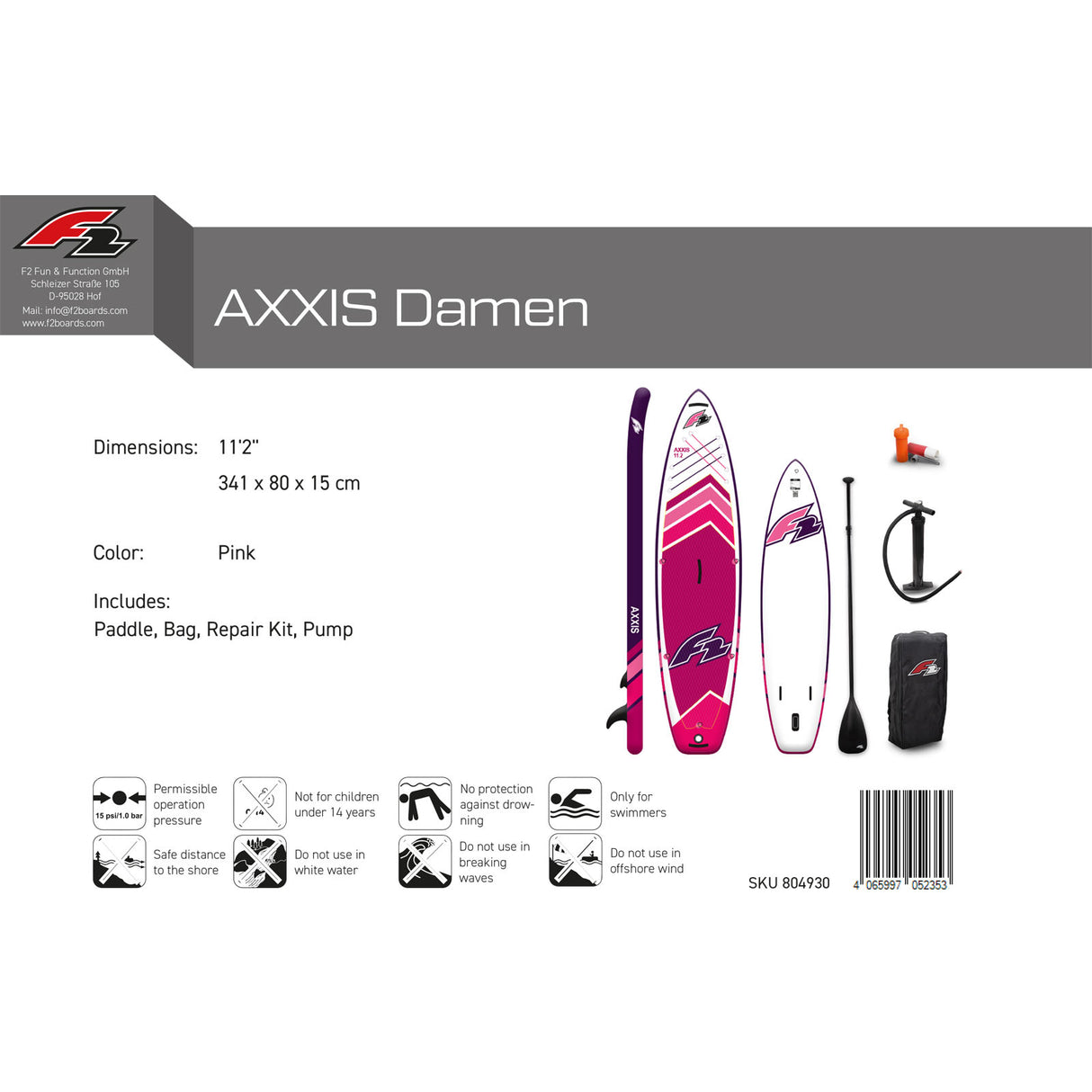 F2 Stand Up Paddle Board AXXIS - Damen SUP Größe wählbar Pink
