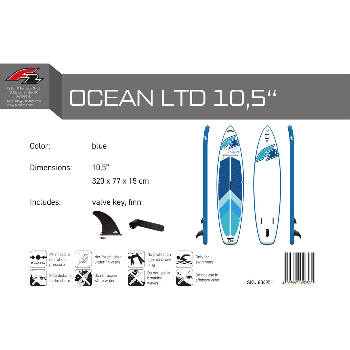F2 Stand Up Paddle Board OCEAN LTD SUP Board Only Größe wählbar Blau 2024/2025