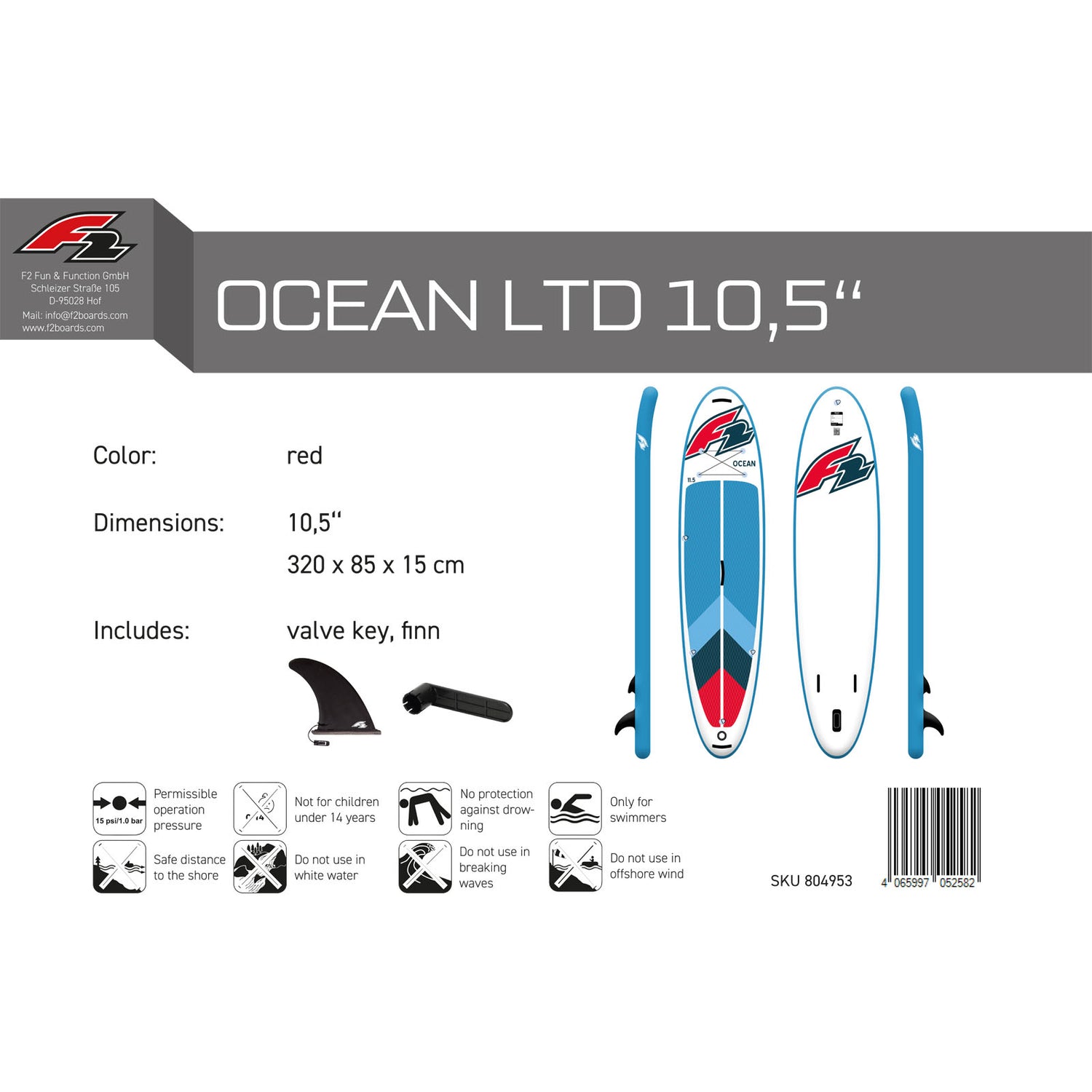 F2 Stand Up Paddle Board OCEAN LTD SUP Board Only Größe wählbar Rot 2024/2025