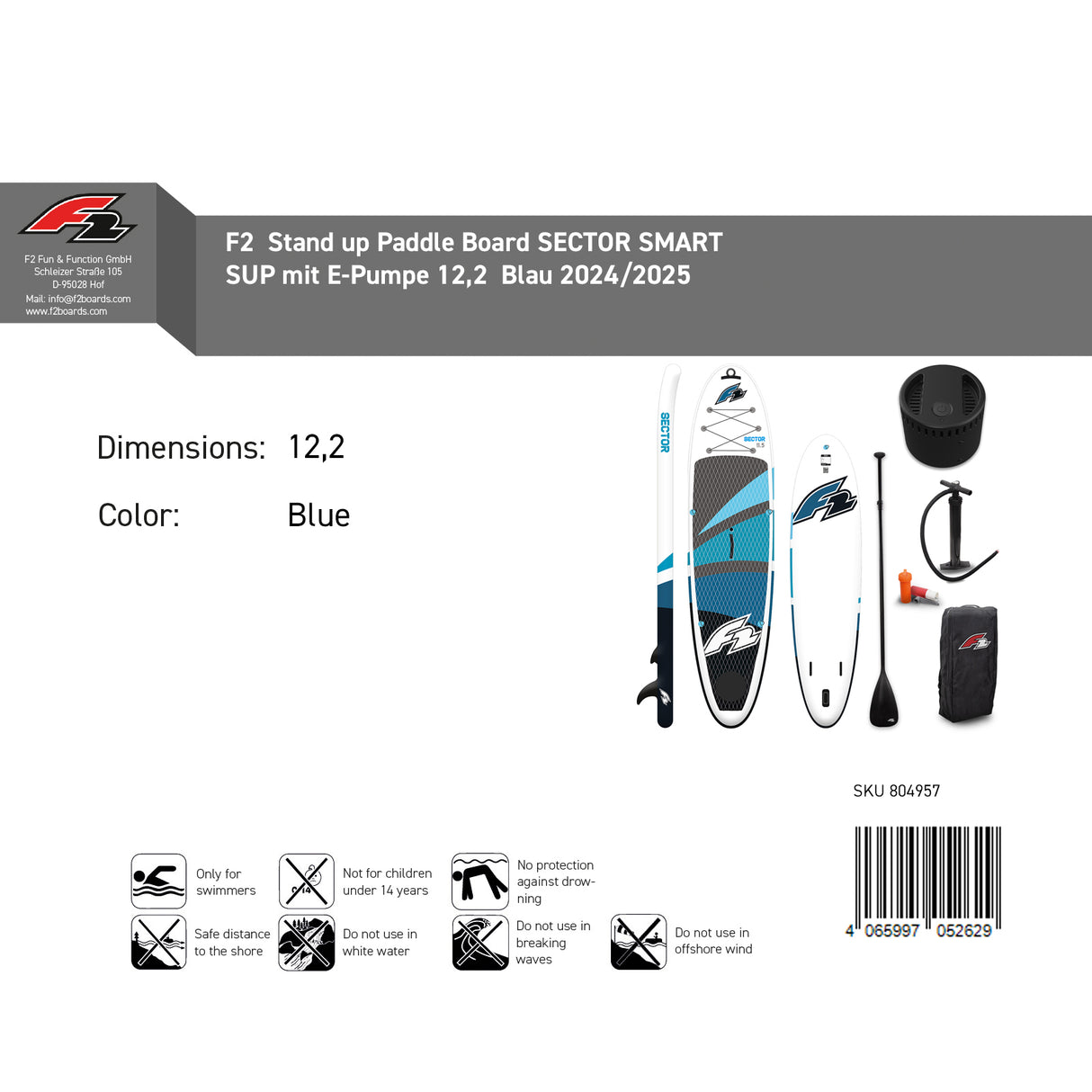 F2 Stand Up Paddle Board SECTOR SMART SUP mit E-Pumpe Größe wählbar Blau 2025