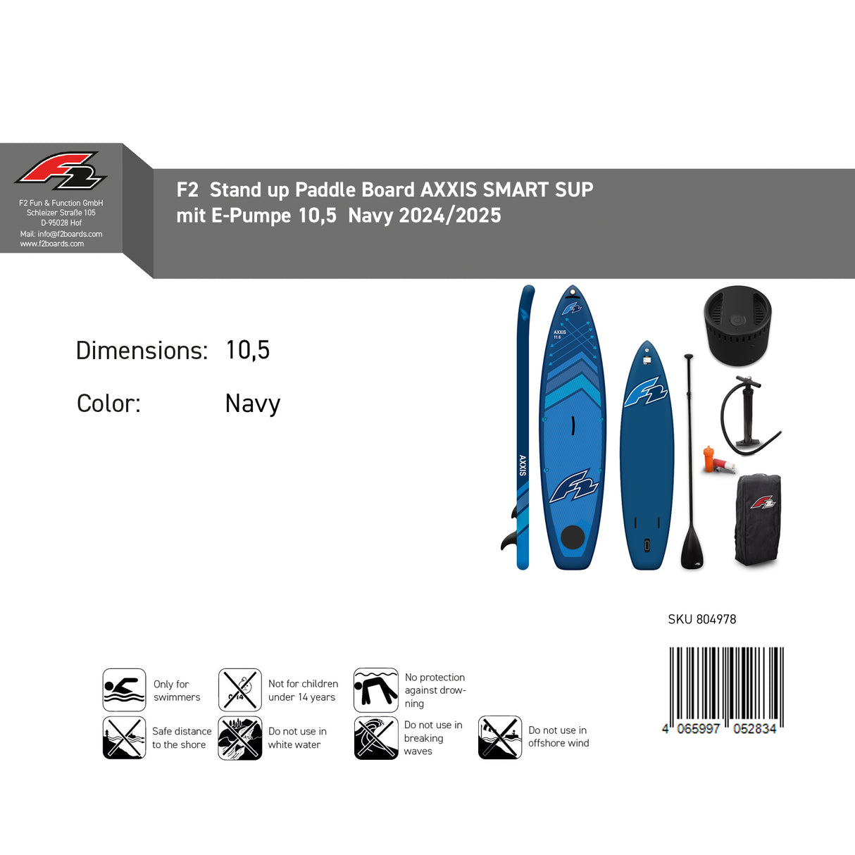 F2  Stand Up Paddle Board AXXIS SMART SUP mit E-Pumpe Größe wählbar Navy 2025
